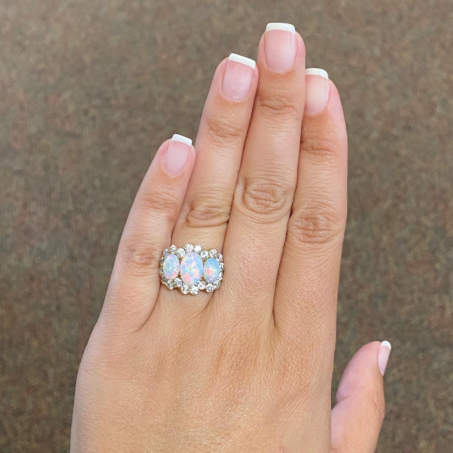 Antique 18k Yellow Gold Genuine Opal & Old Mine Cut Diamond Cluster Ring - Image 18