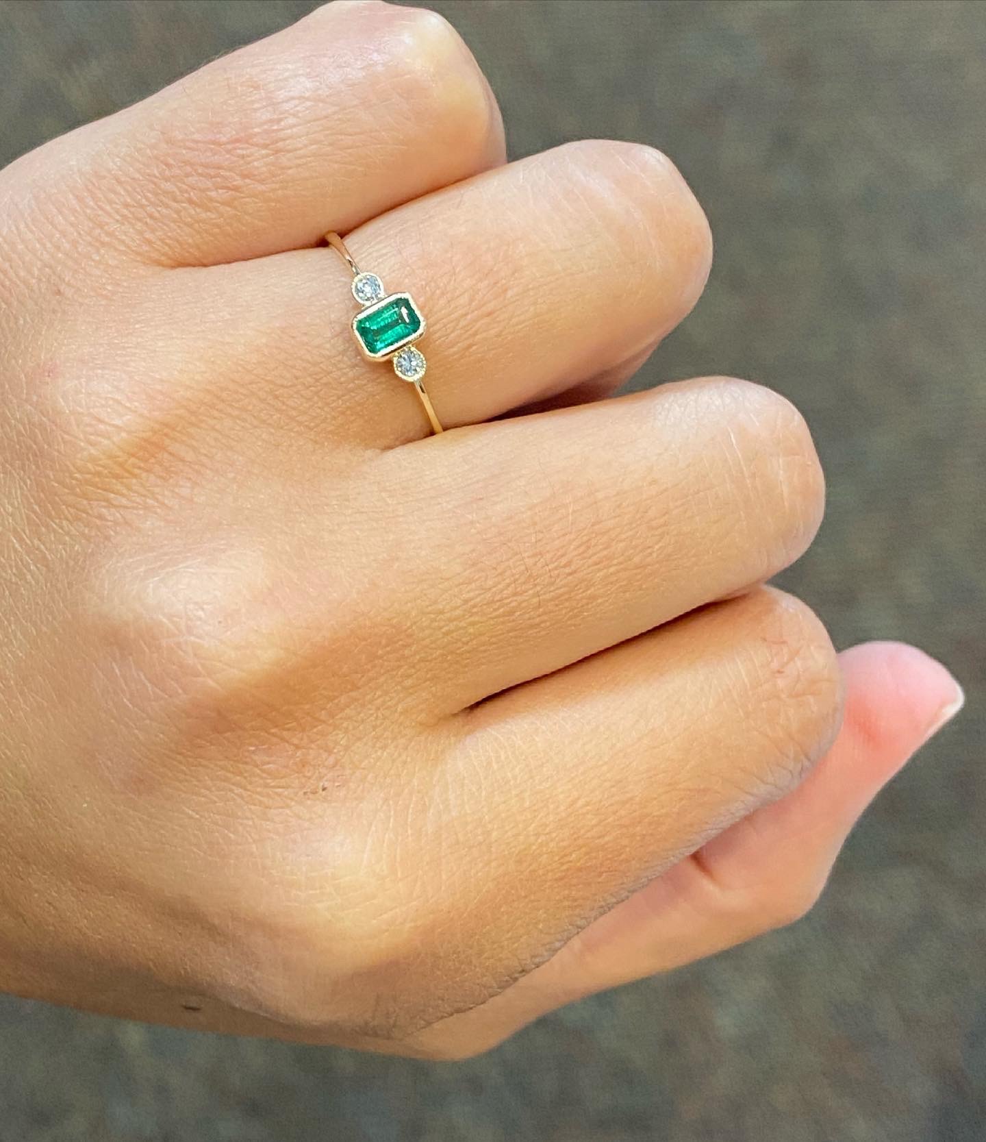 14k Yellow Gold Genuine .24 Cttw Emerald & Diamond 3 Stone Ring - Image 8