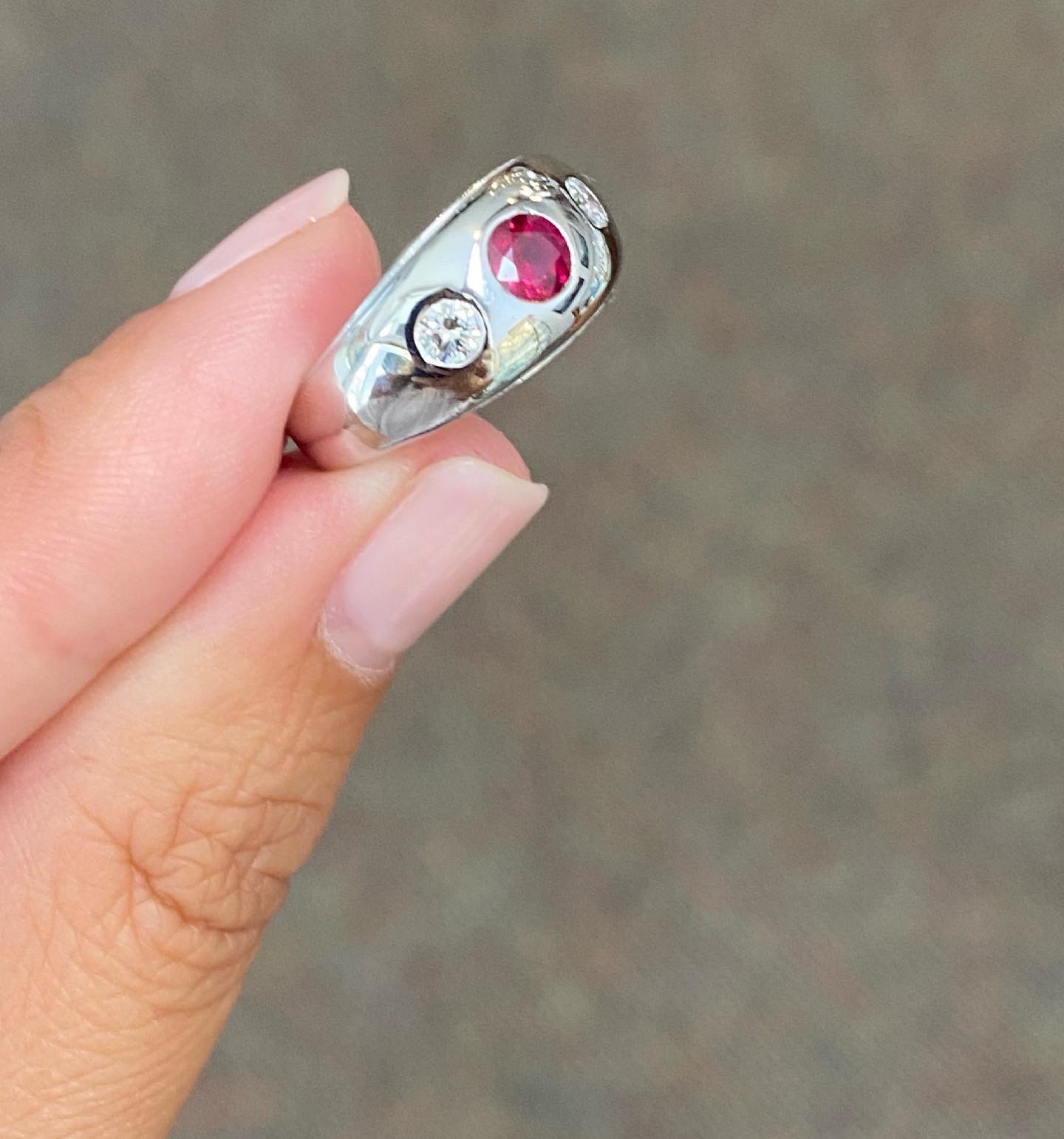 Vintage 14k White Gold 1/4 Cttw Fine Ruby & Diamond Gypsy Ring - Image 4