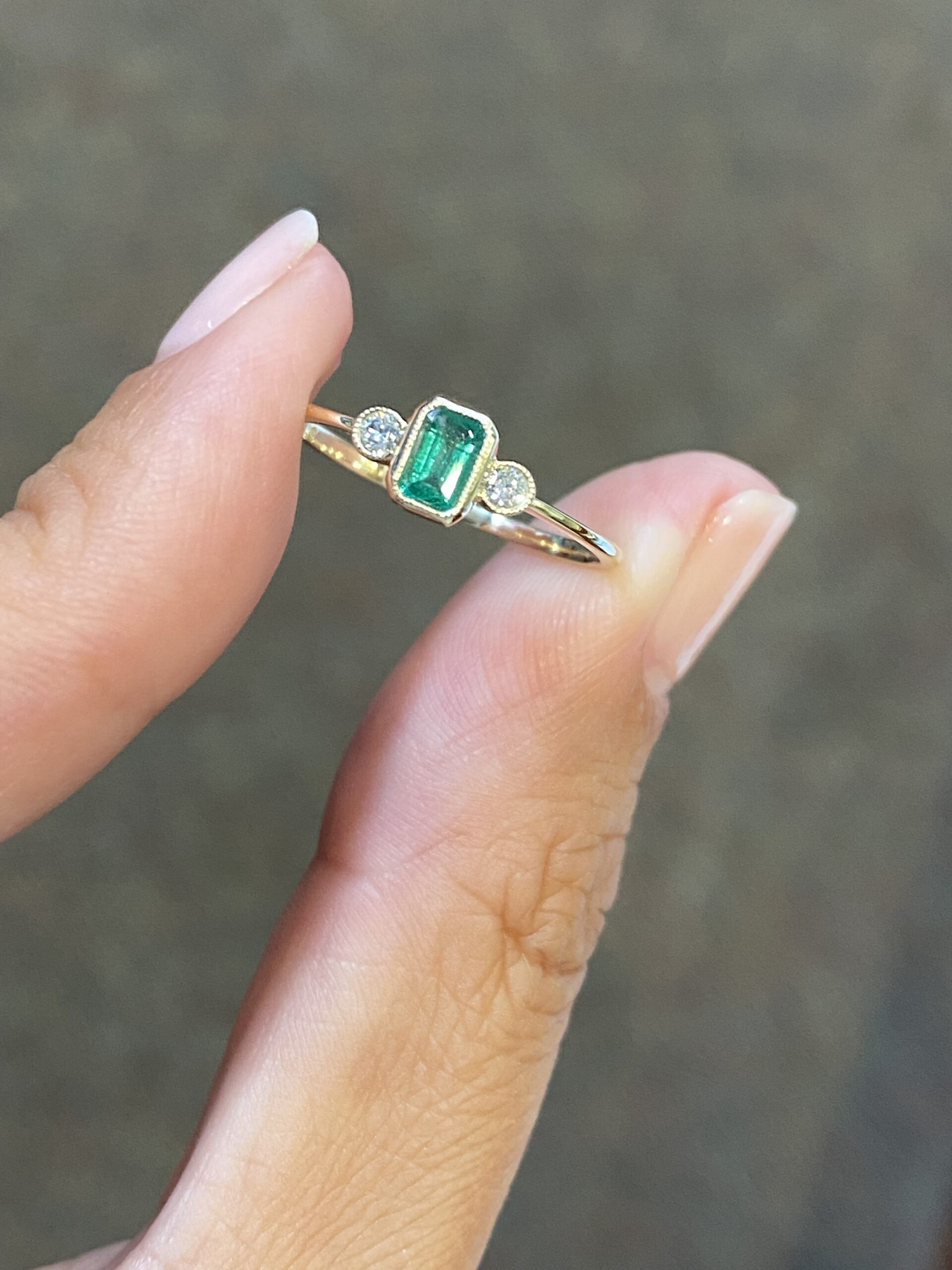 14k Yellow Gold Genuine .24 Cttw Emerald & Diamond 3 Stone Ring