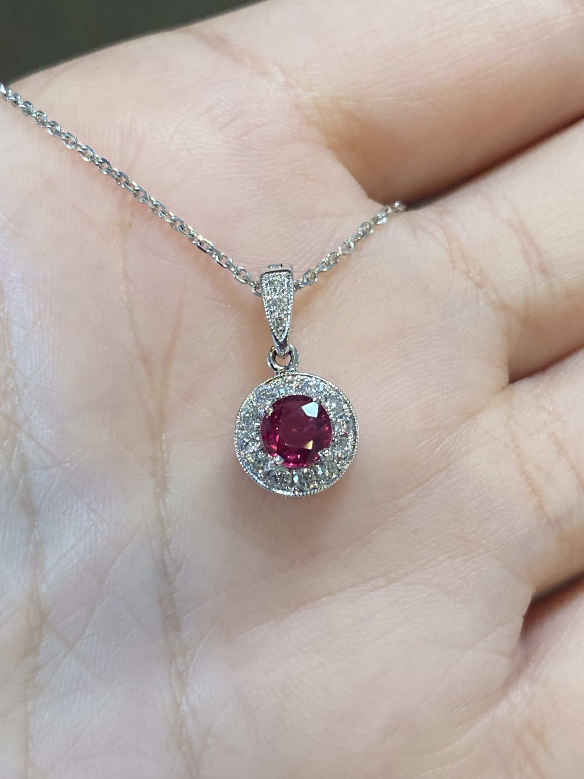 14k White Gold Genuine .50 Cttw Ruby & .19 Cttw Diamond Halo Pendant - Image 7