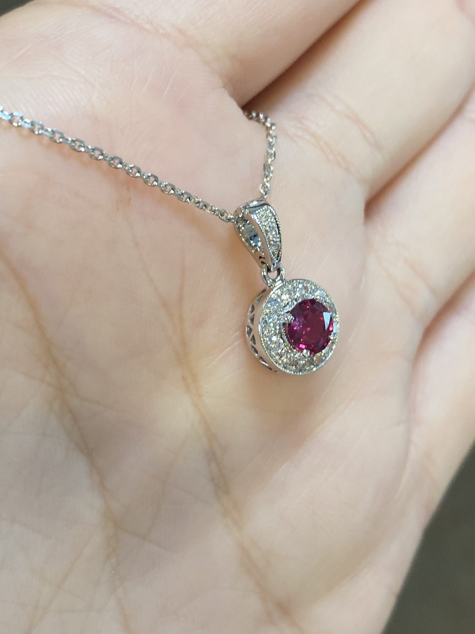14k White Gold Genuine .50 Cttw Ruby & .19 Cttw Diamond Halo Pendant - Image 9