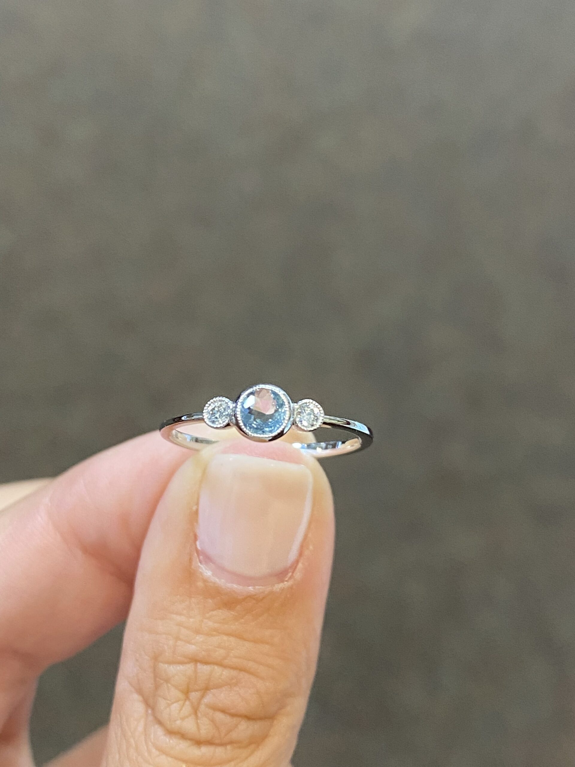 14k White Gold .15 Cttw Genuine Bezel Set Aquamarine & Diamond 3 Stone Halo Ring