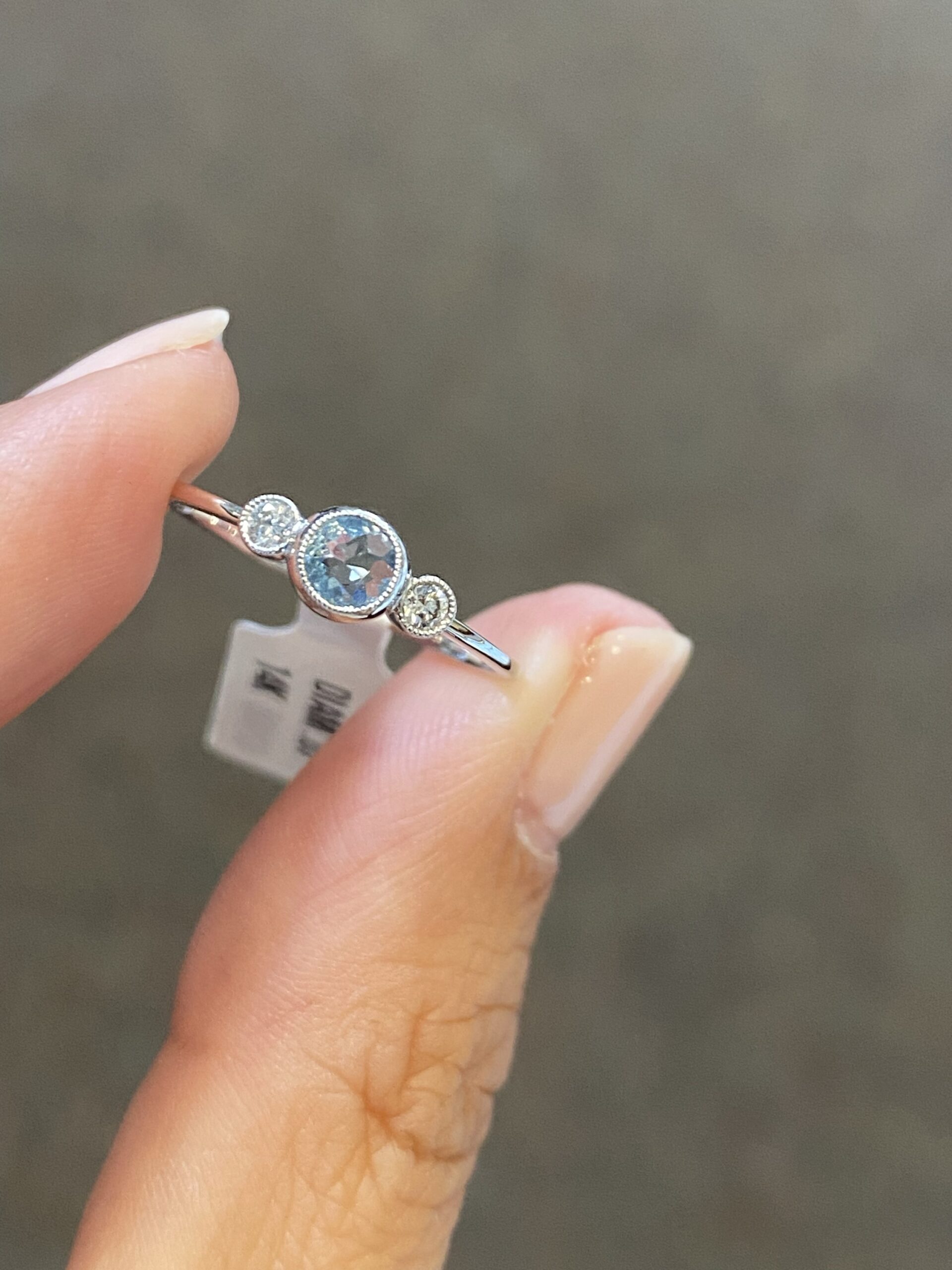 14k White Gold .15 Cttw Genuine Bezel Set Aquamarine & Diamond 3 Stone Halo Ring - Image 2