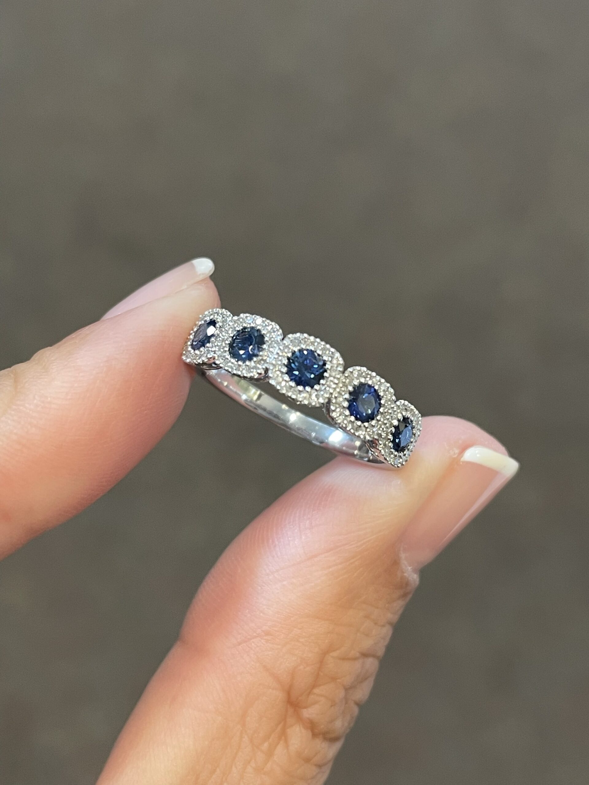 14k White Gold Genuine 5 Stone Sapphire & Diamond Halo Motif Band - Image 2