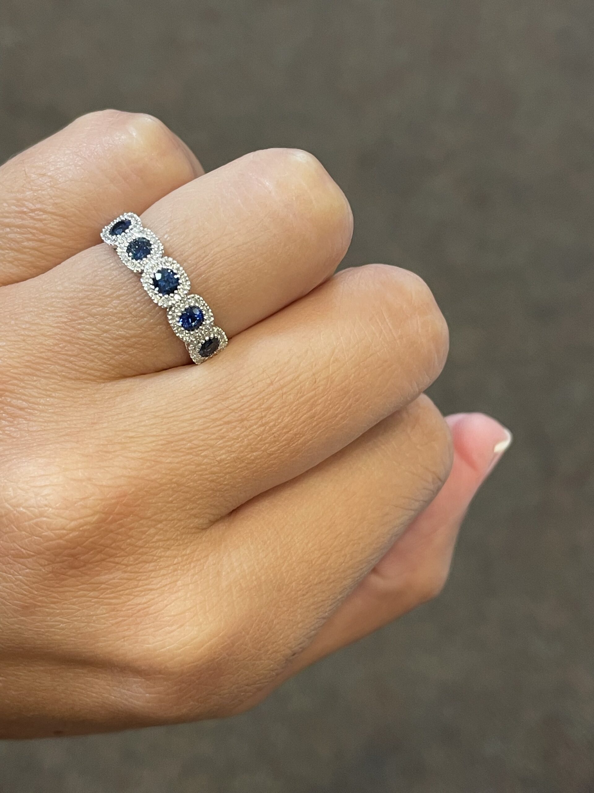 14k White Gold Genuine 5 Stone Sapphire & Diamond Halo Motif Band - Image 4