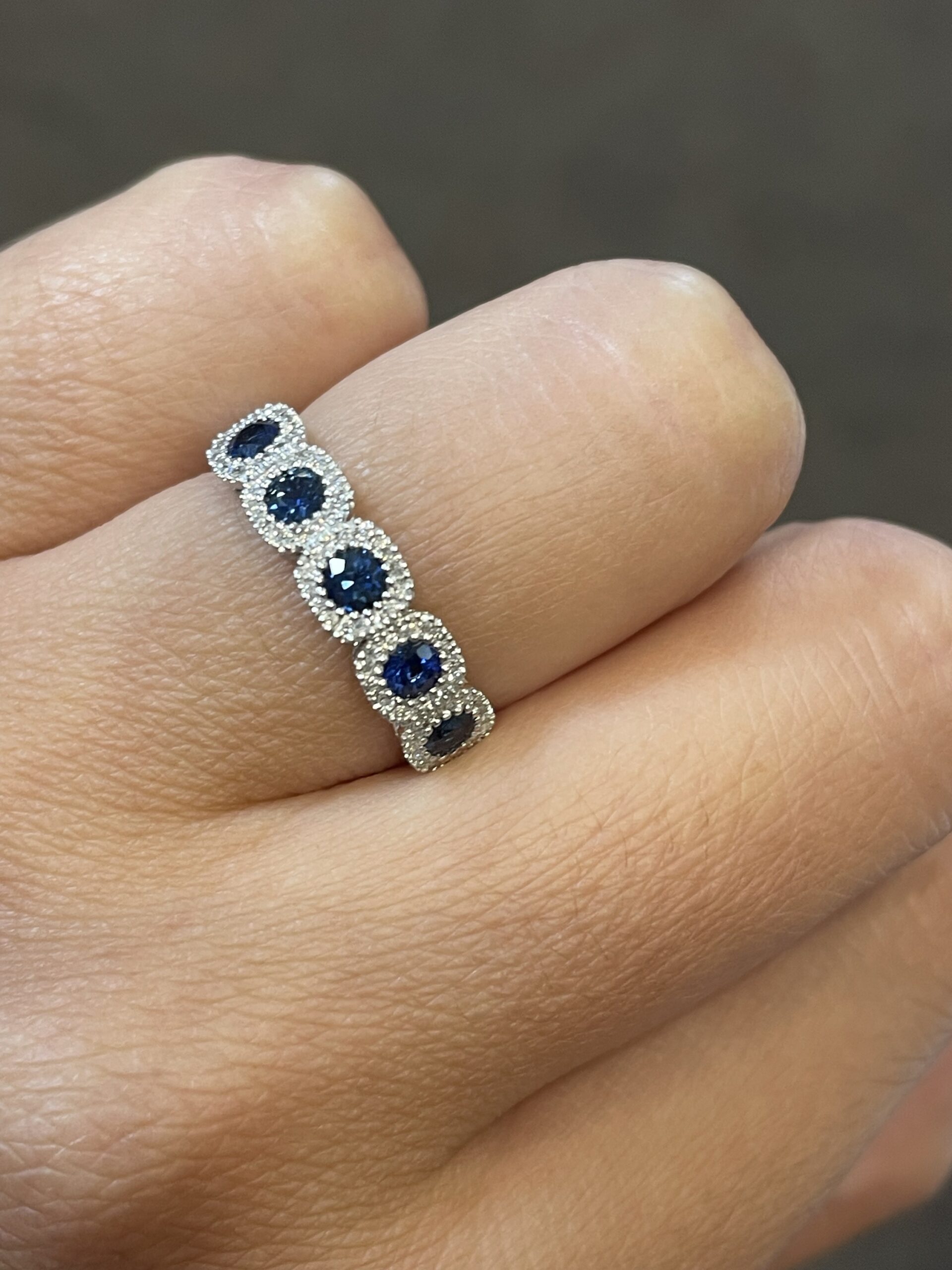 14k White Gold Genuine 5 Stone Sapphire & Diamond Halo Motif Band - Image 5