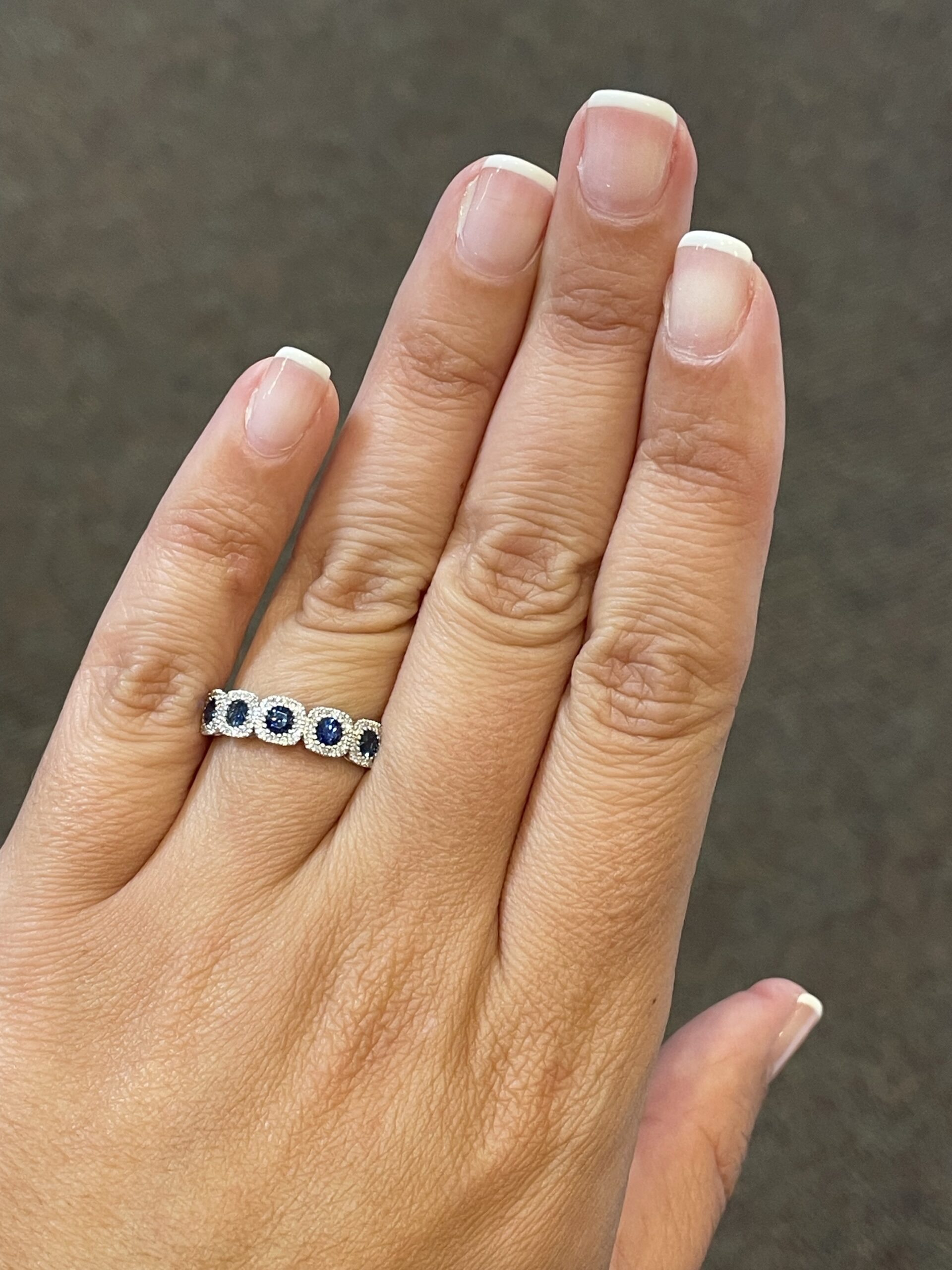 14k White Gold Genuine 5 Stone Sapphire & Diamond Halo Motif Band - Image 6