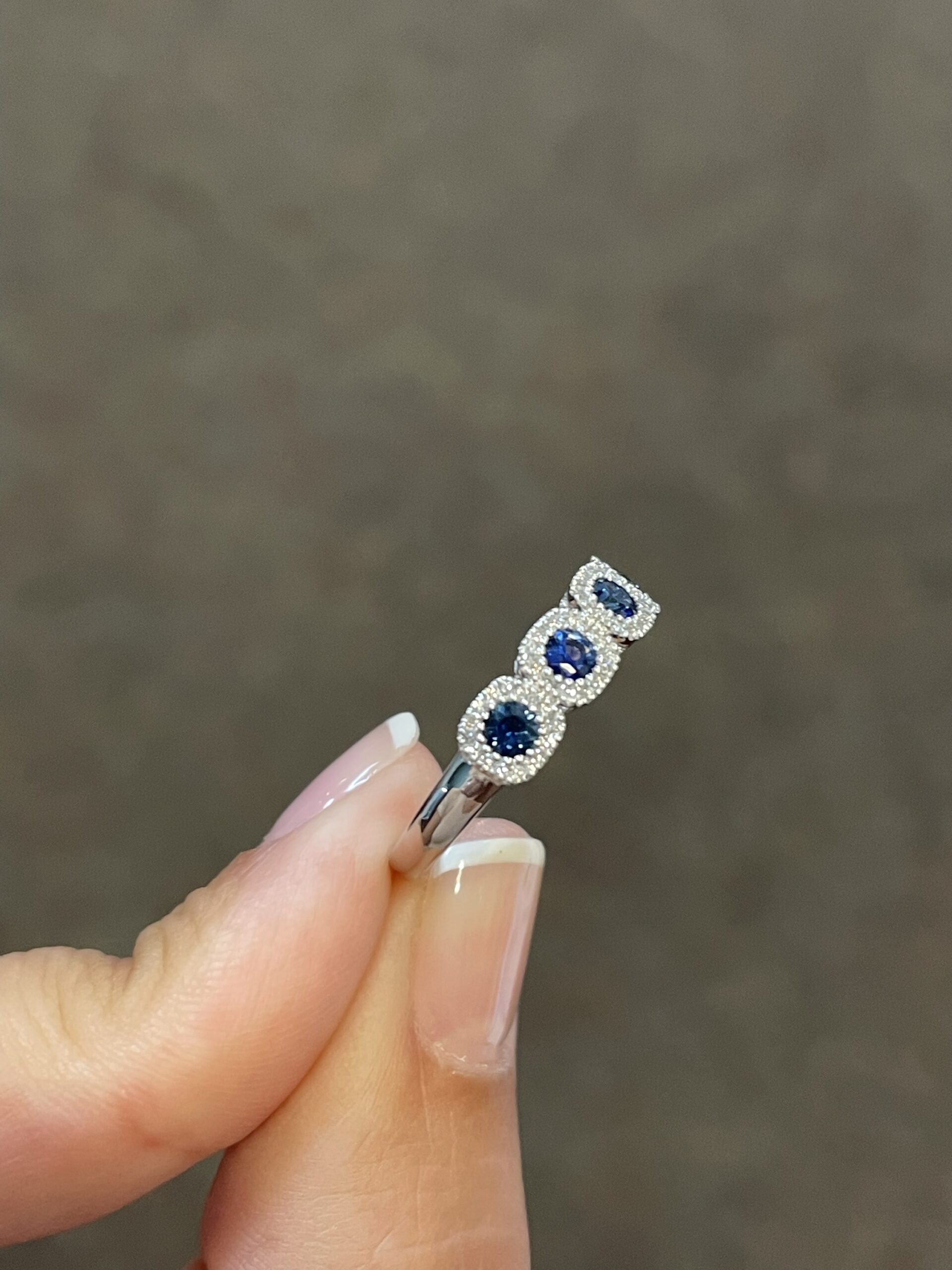 14k White Gold Genuine 5 Stone Sapphire & Diamond Halo Motif Band - Image 3