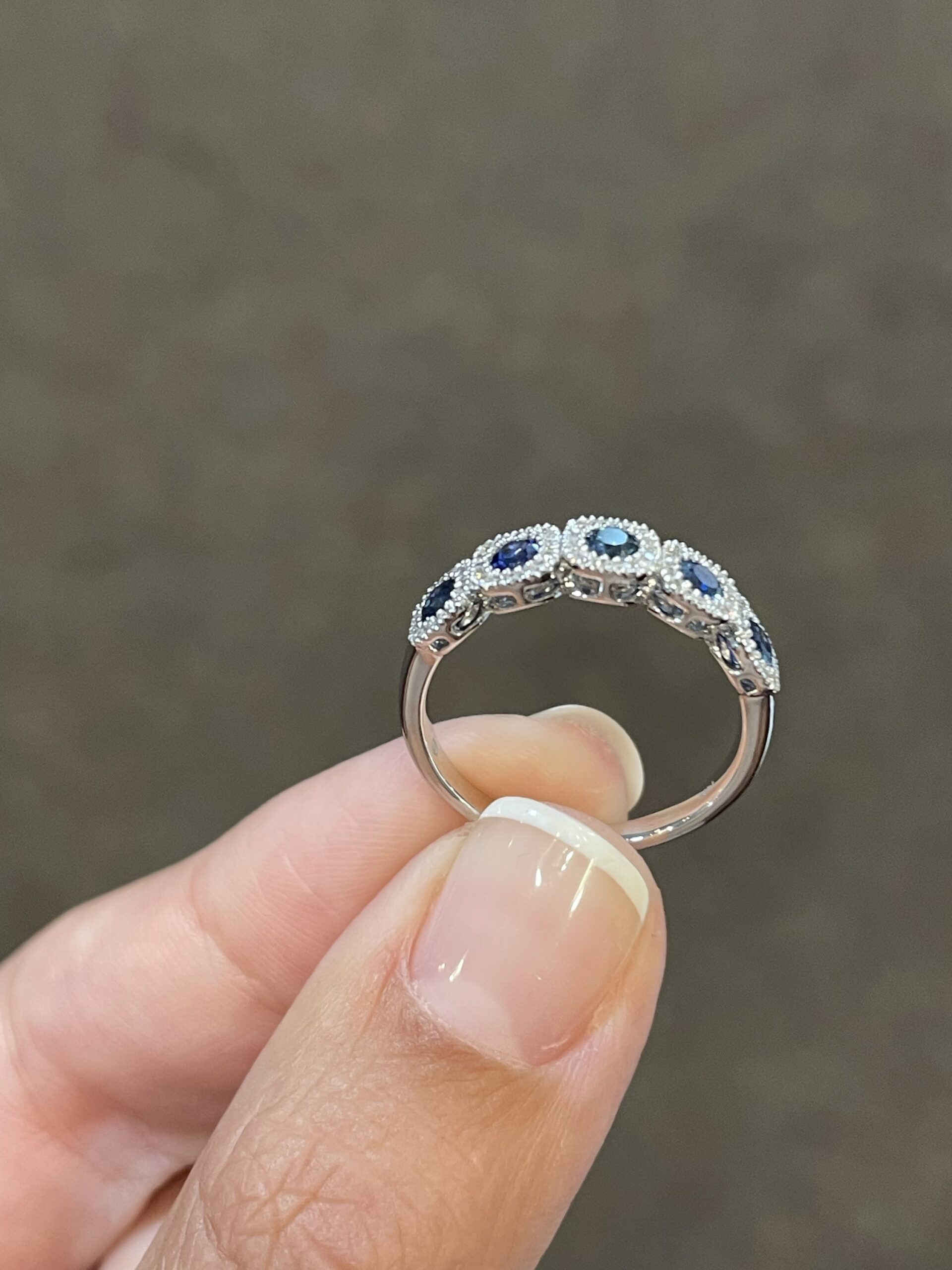 14k White Gold Genuine 5 Stone Sapphire & Diamond Halo Motif Band - Image 9