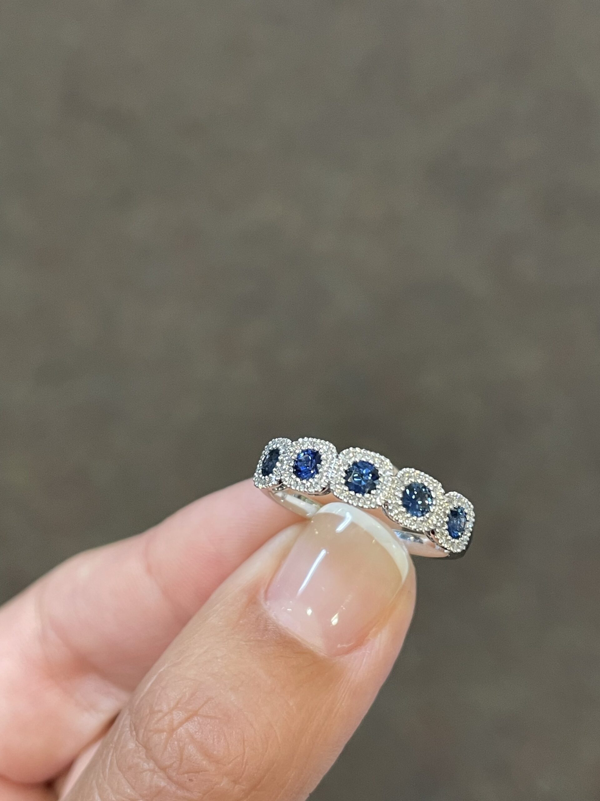 14k White Gold Genuine 5 Stone Sapphire & Diamond Halo Motif Band - Image 7