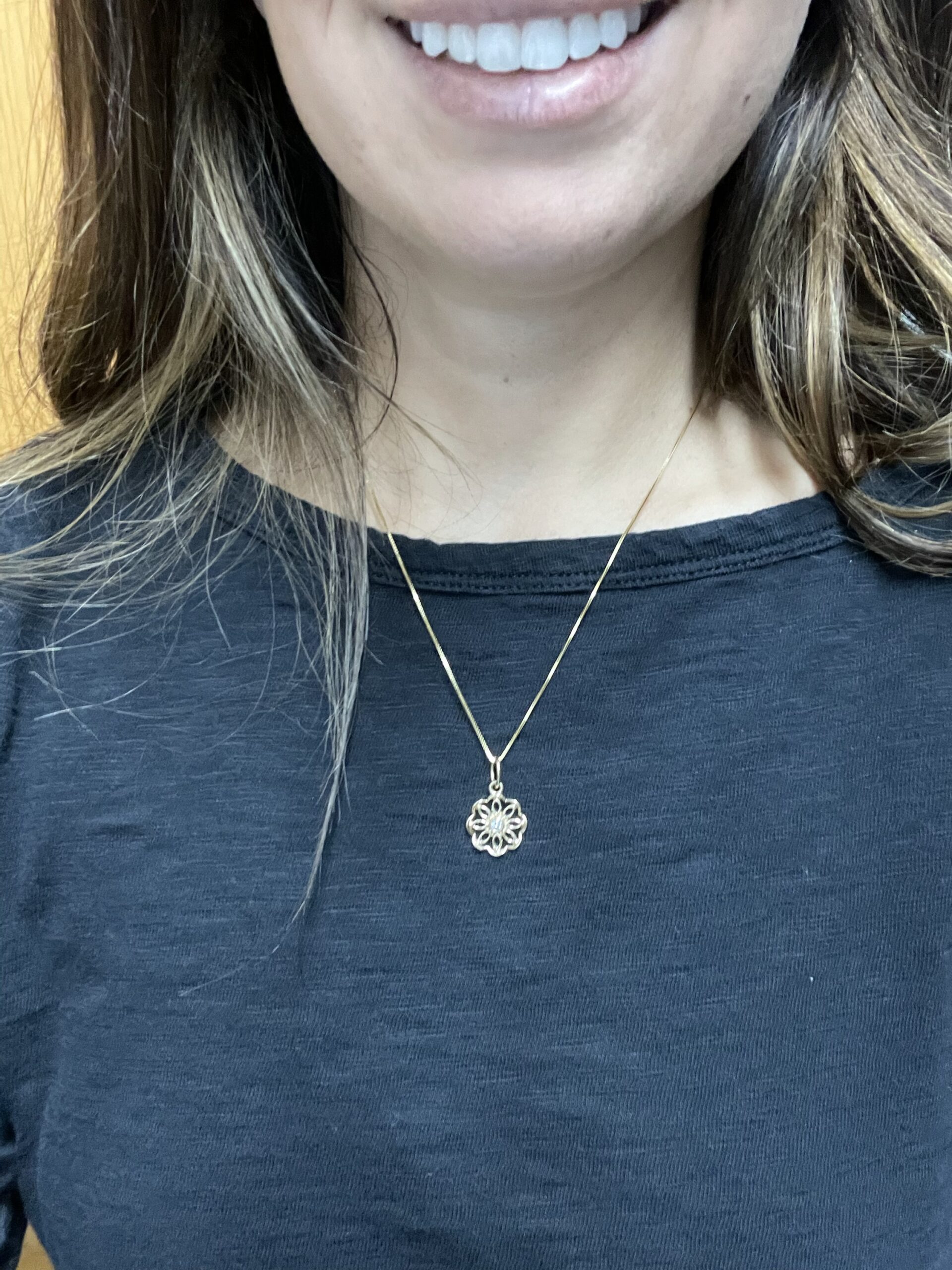 14k Yellow Gold Filigree Floral Motif Genuine Round Brilliant Cut Diamond Pendant - Image 5