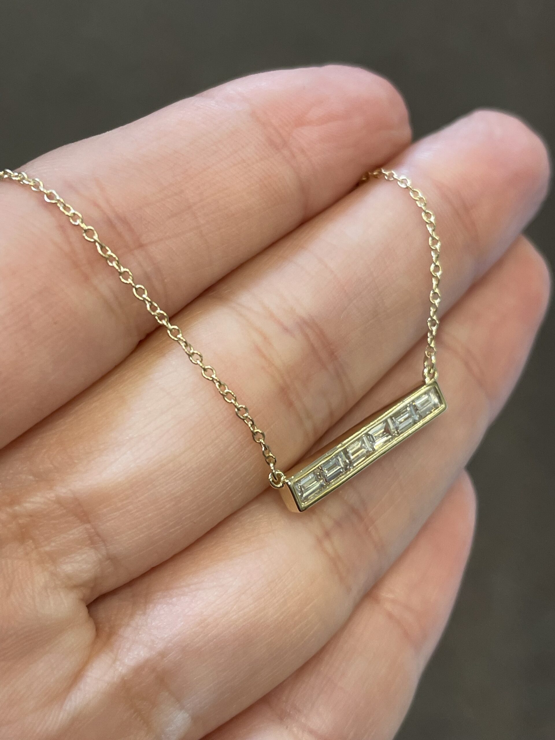 14k Yellow Gold Channel Set Genuine .43 Cttw Emerald Cut Diamond Bar Pendant - Image 10