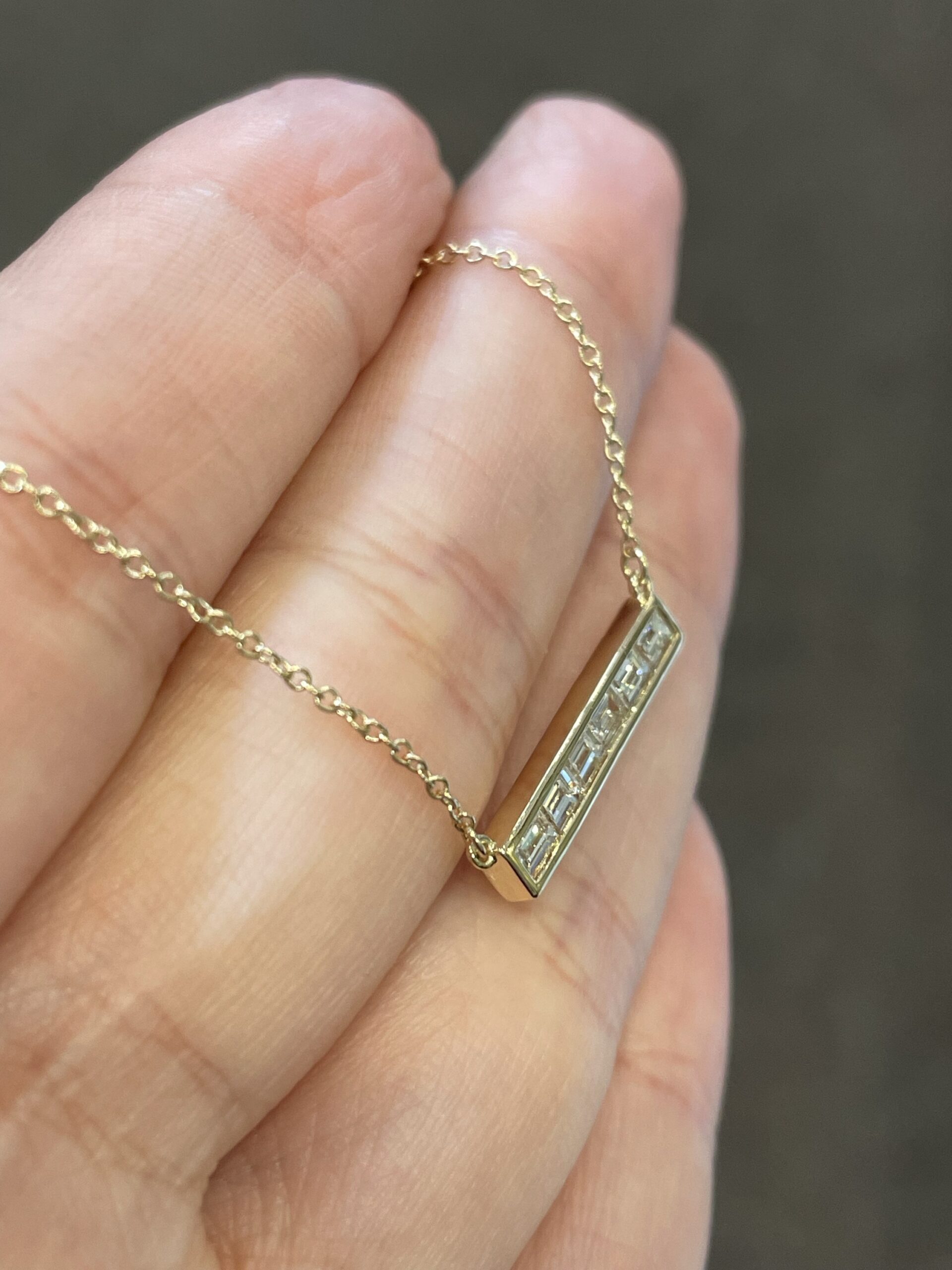 14k Yellow Gold Channel Set Genuine .43 Cttw Emerald Cut Diamond Bar Pendant - Image 9