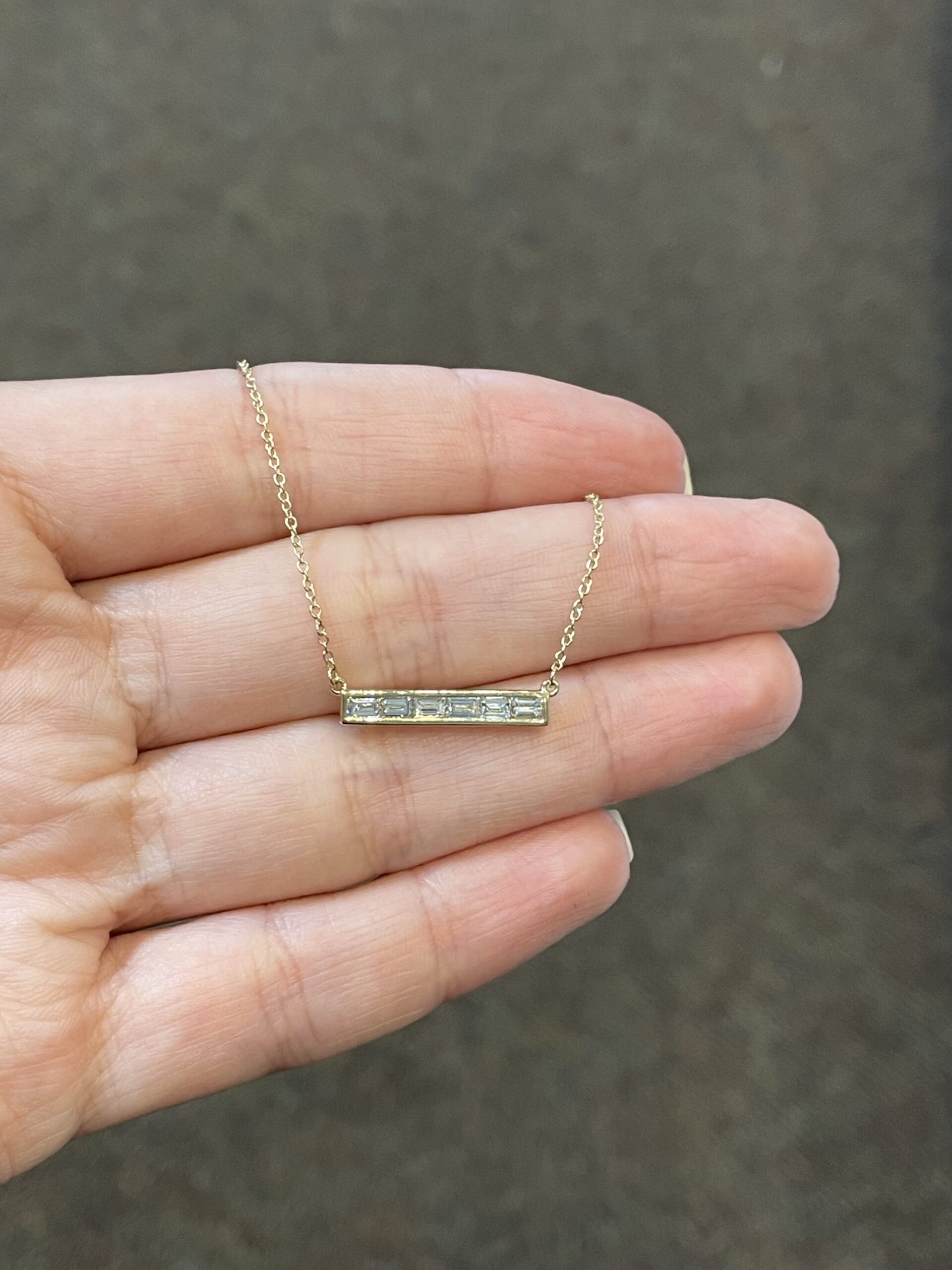 14k Yellow Gold Channel Set Genuine .43 Cttw Emerald Cut Diamond Bar Pendant - Image 8