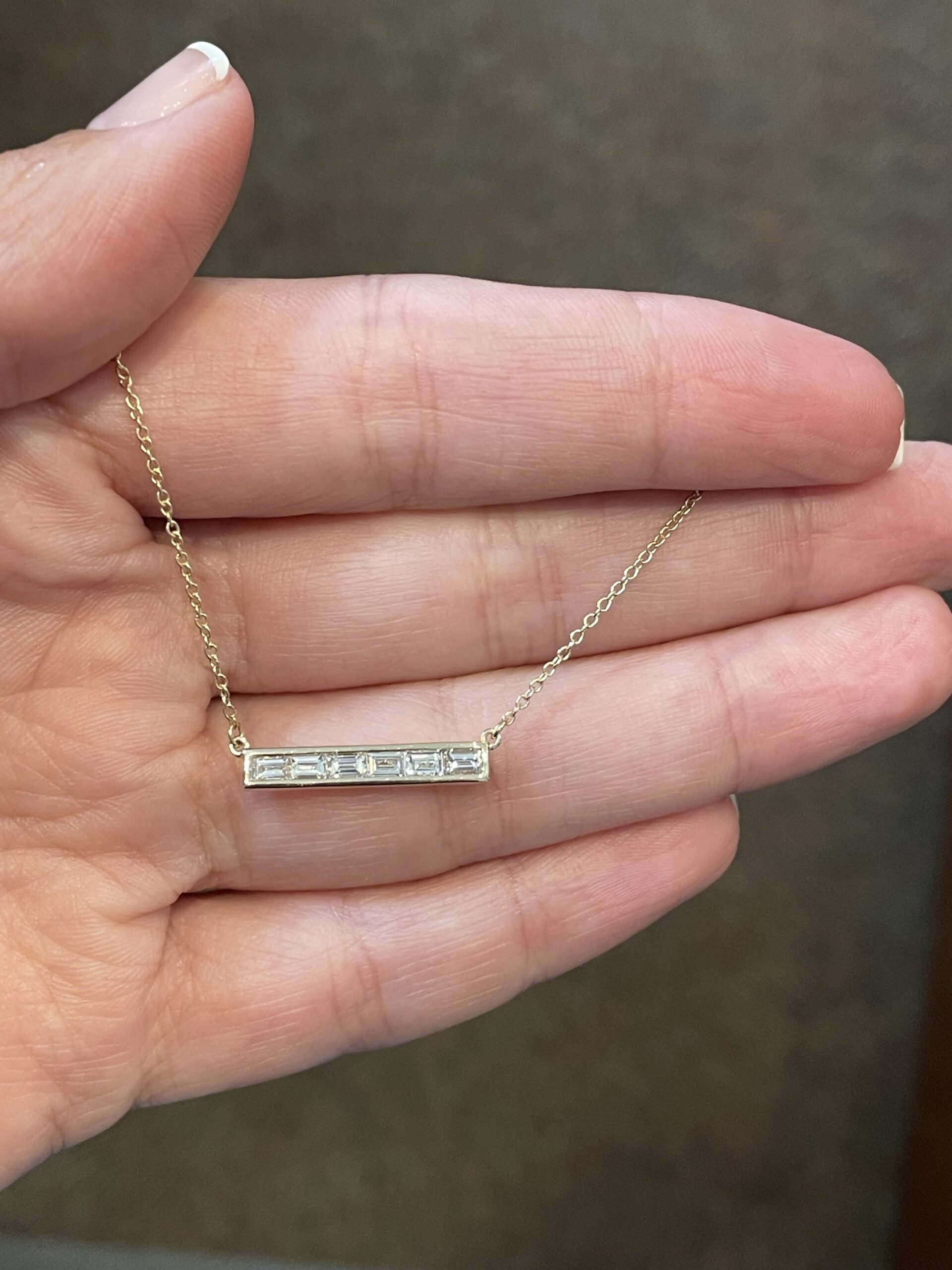 14k Yellow Gold Channel Set Genuine .43 Cttw Emerald Cut Diamond Bar Pendant - Image 7