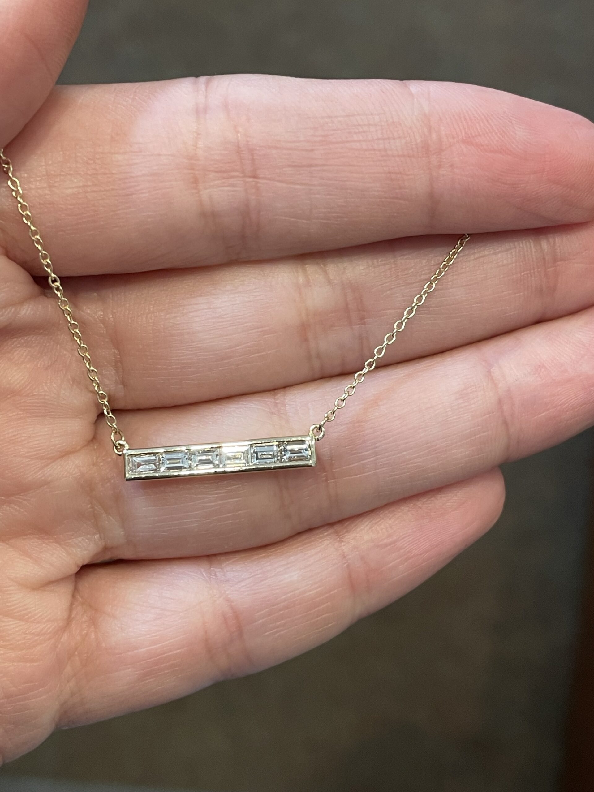 14k Yellow Gold Channel Set Genuine .43 Cttw Emerald Cut Diamond Bar Pendant - Image 6