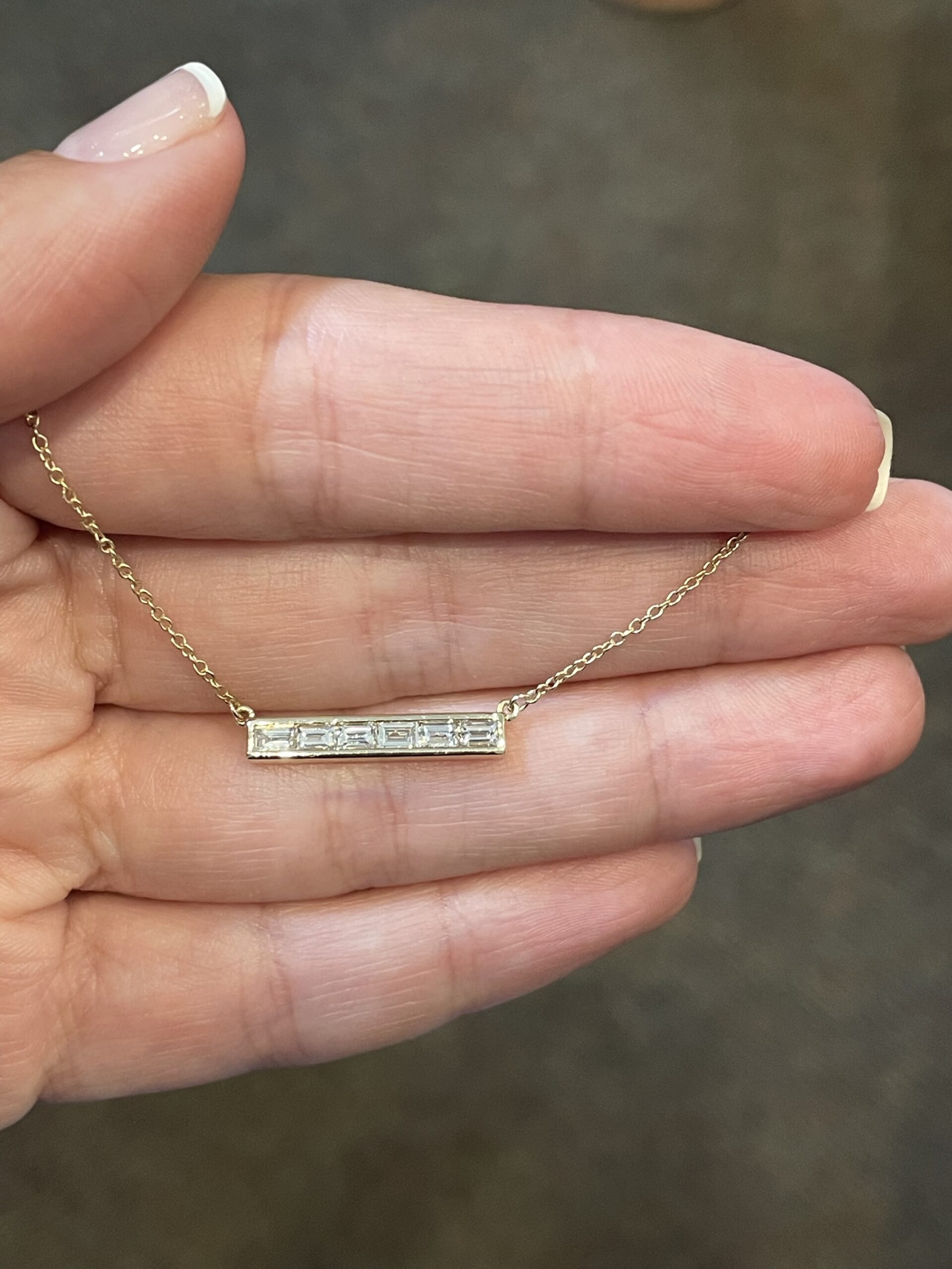 14k Yellow Gold Channel Set Genuine .43 Cttw Emerald Cut Diamond Bar Pendant - Image 5