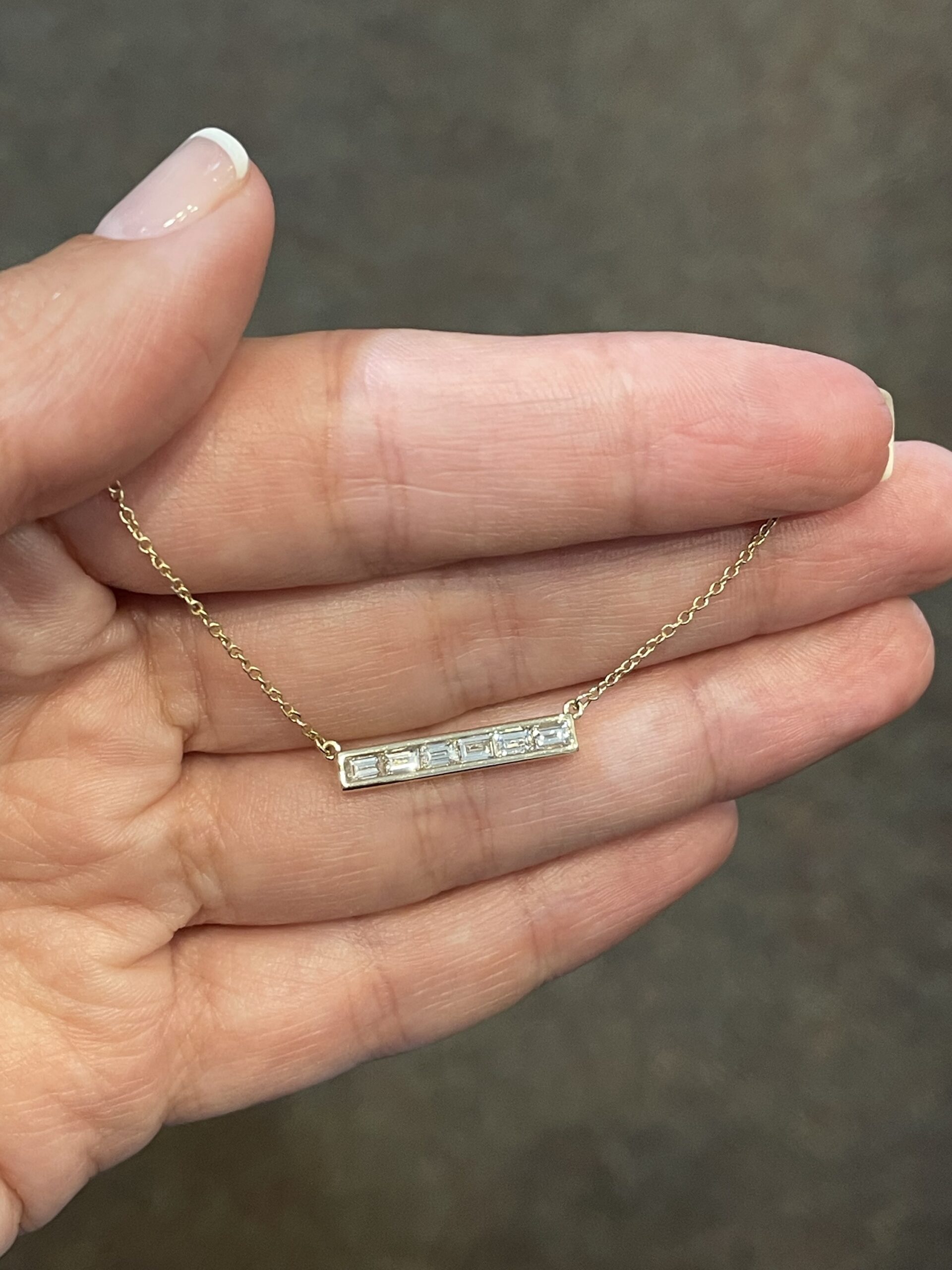 14k Yellow Gold Channel Set Genuine .43 Cttw Emerald Cut Diamond Bar Pendant - Image 2