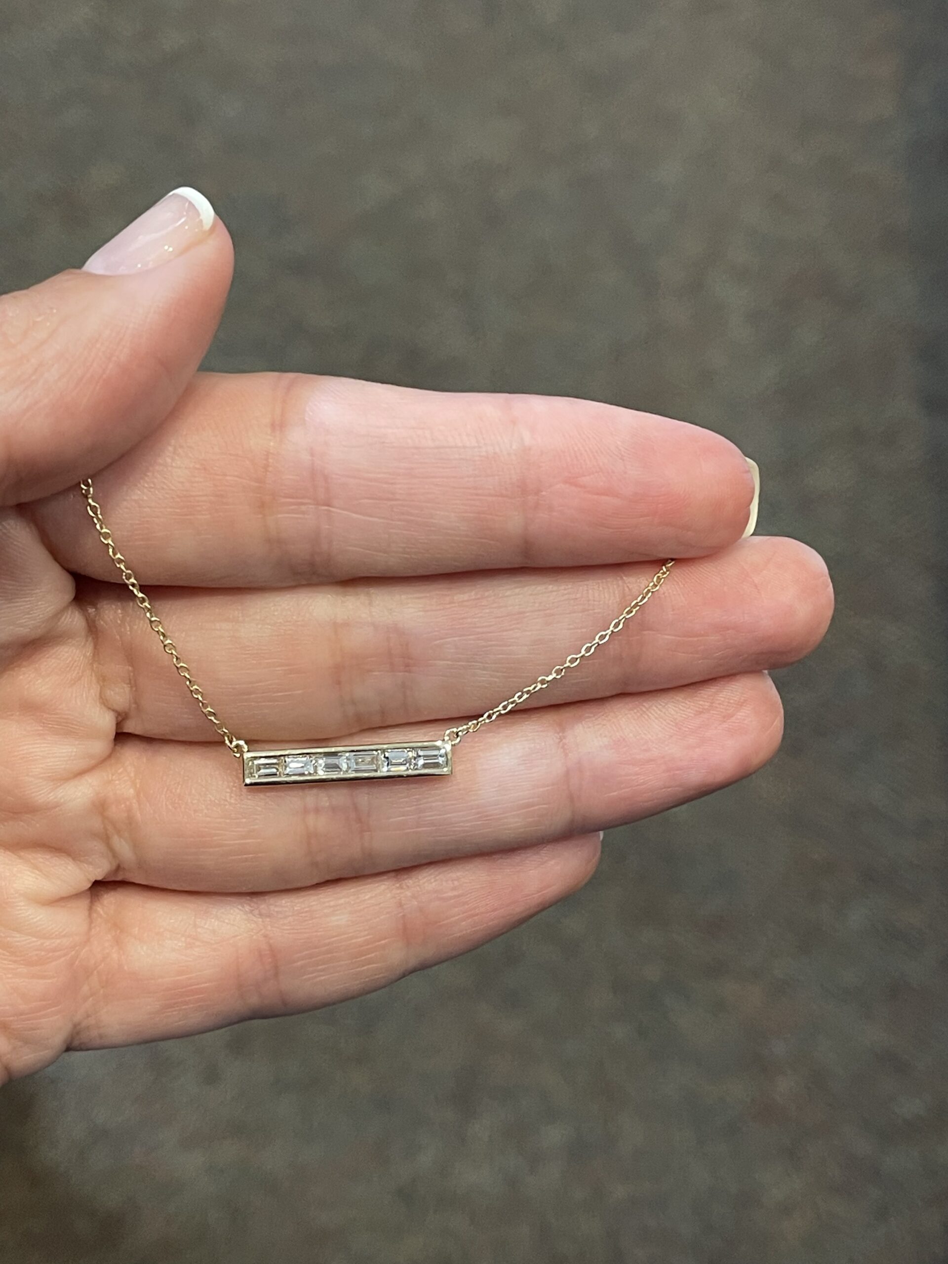 14k Yellow Gold Channel Set Genuine .43 Cttw Emerald Cut Diamond Bar Pendant - Image 4