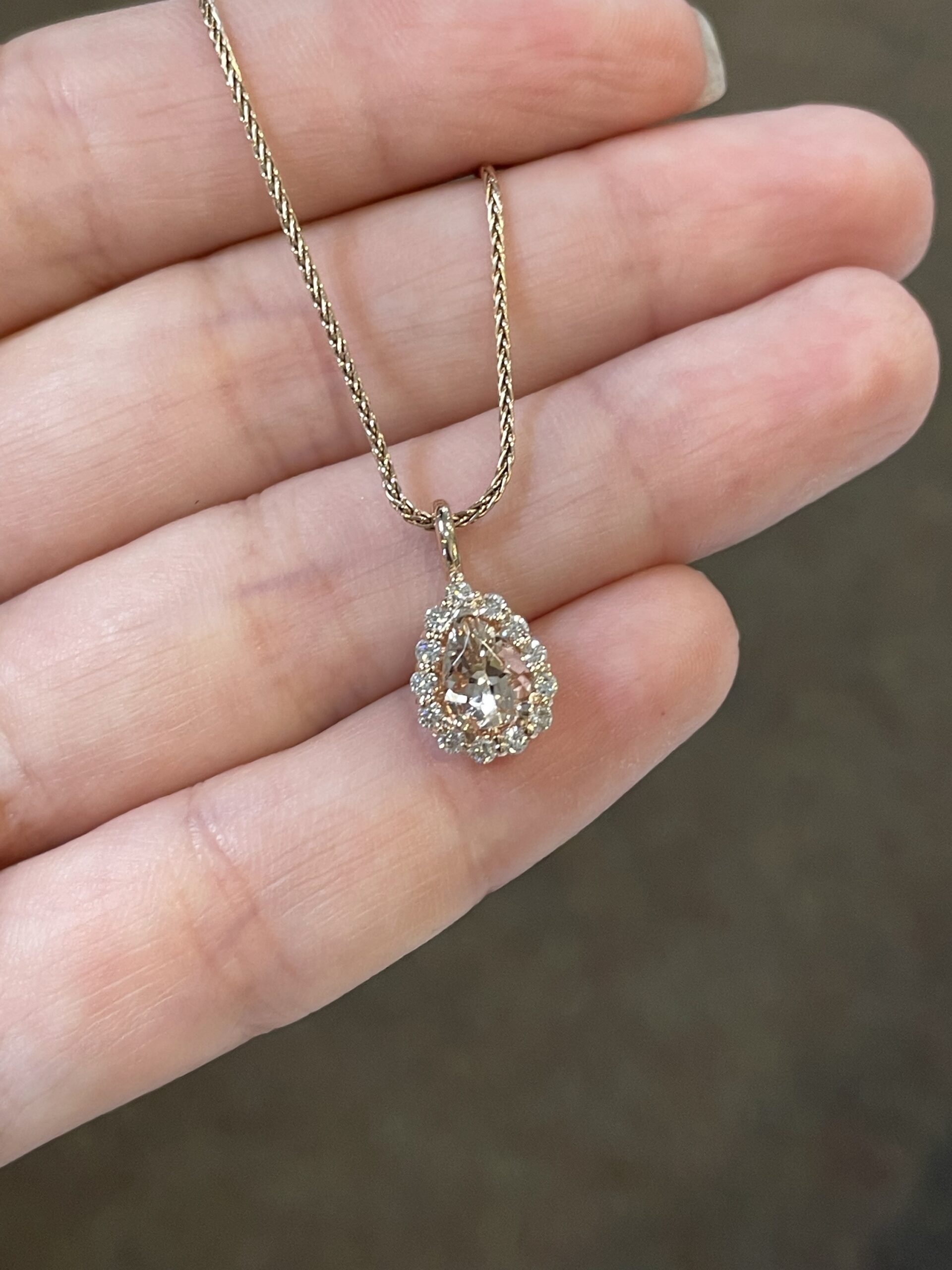 14k Rose Gold Genuine Morganite & Diamond Halo Pendant - Image 6