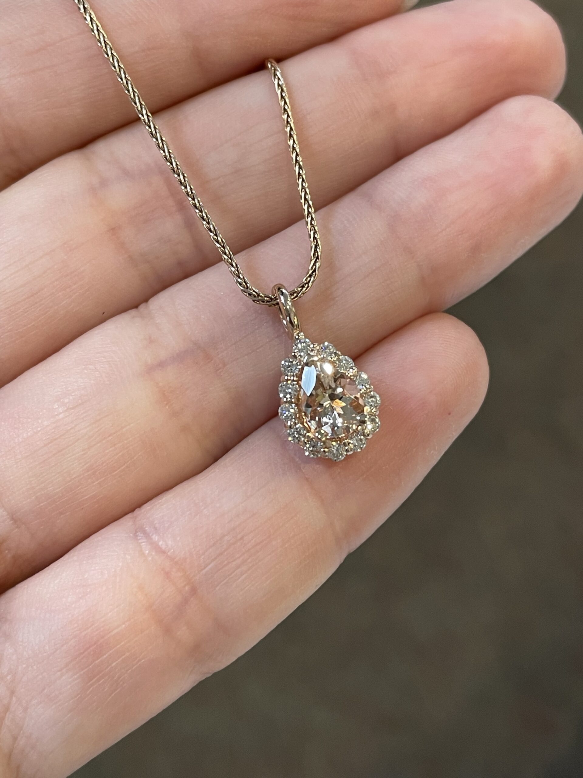14k Rose Gold Genuine Morganite & Diamond Halo Pendant