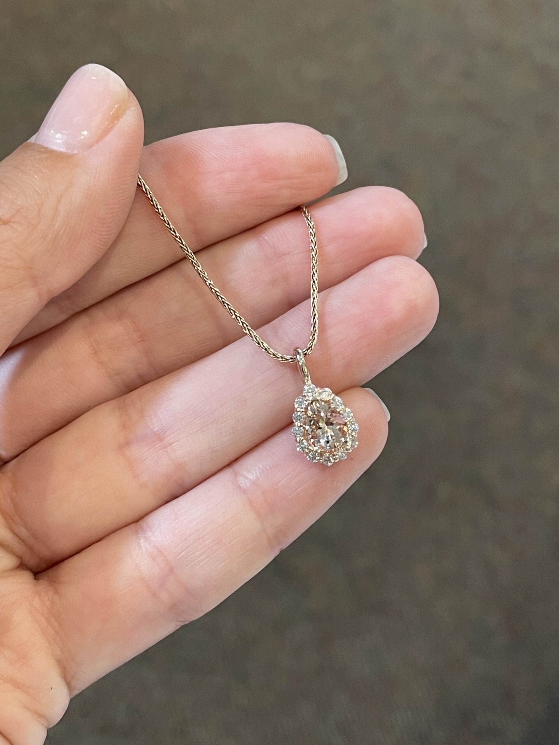 14k Rose Gold Genuine Morganite & Diamond Halo Pendant - Image 9