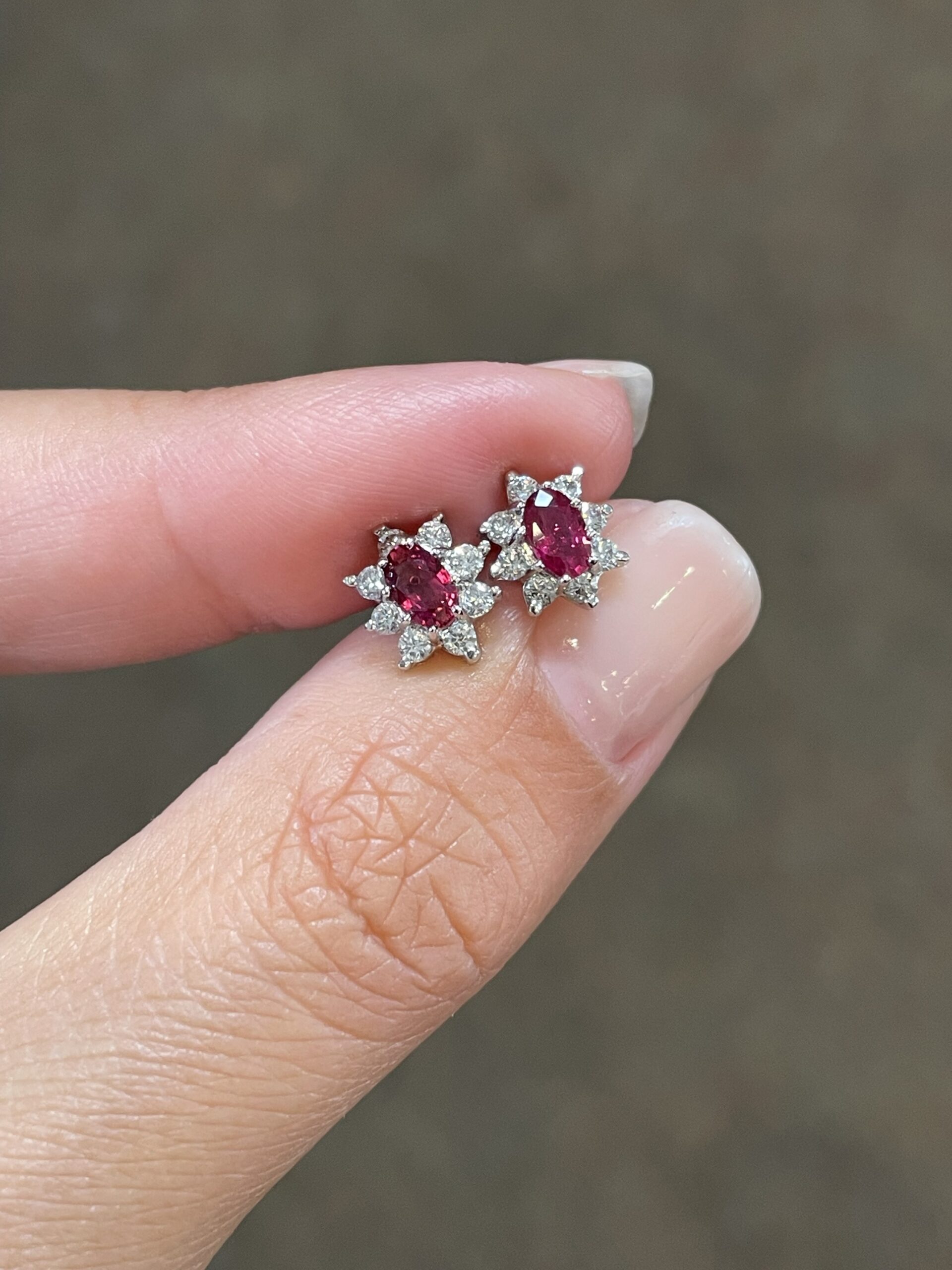 14k White Gold Genuine Oval Shaped Ruby & .32 Cttw Diamond Cluster Stud Earrings - Image 2