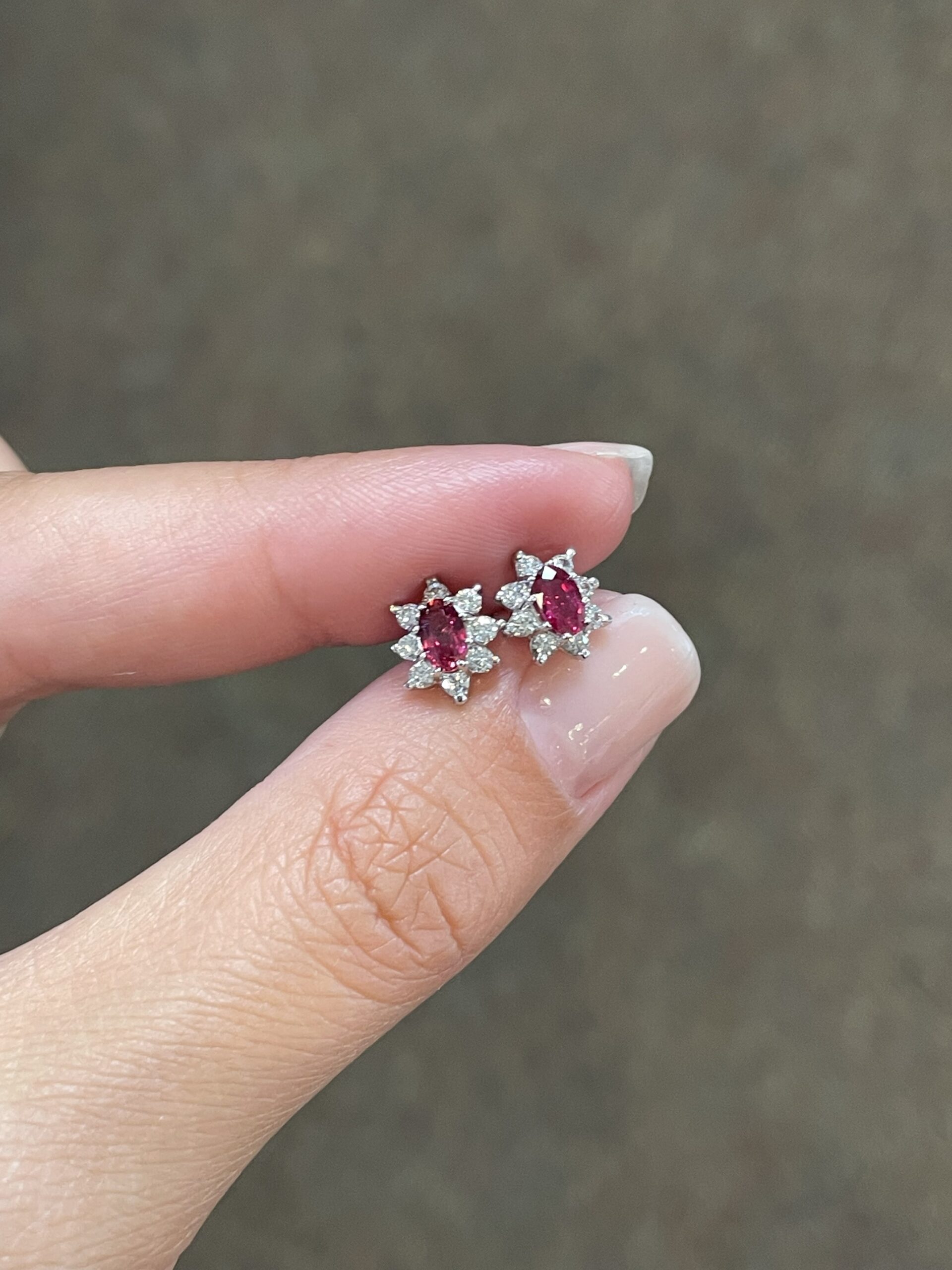 14k White Gold Genuine Oval Shaped Ruby & .32 Cttw Diamond Cluster Stud Earrings - Image 3