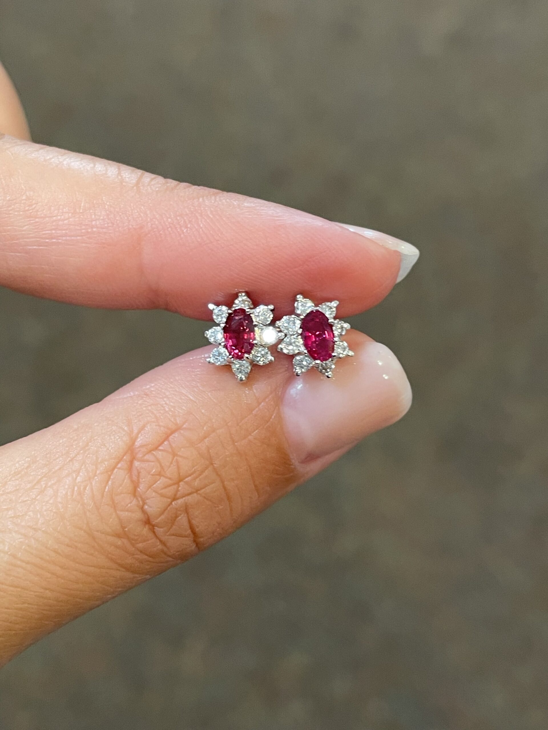 14k White Gold Genuine Oval Shaped Ruby & .32 Cttw Diamond Cluster Stud Earrings - Image 4