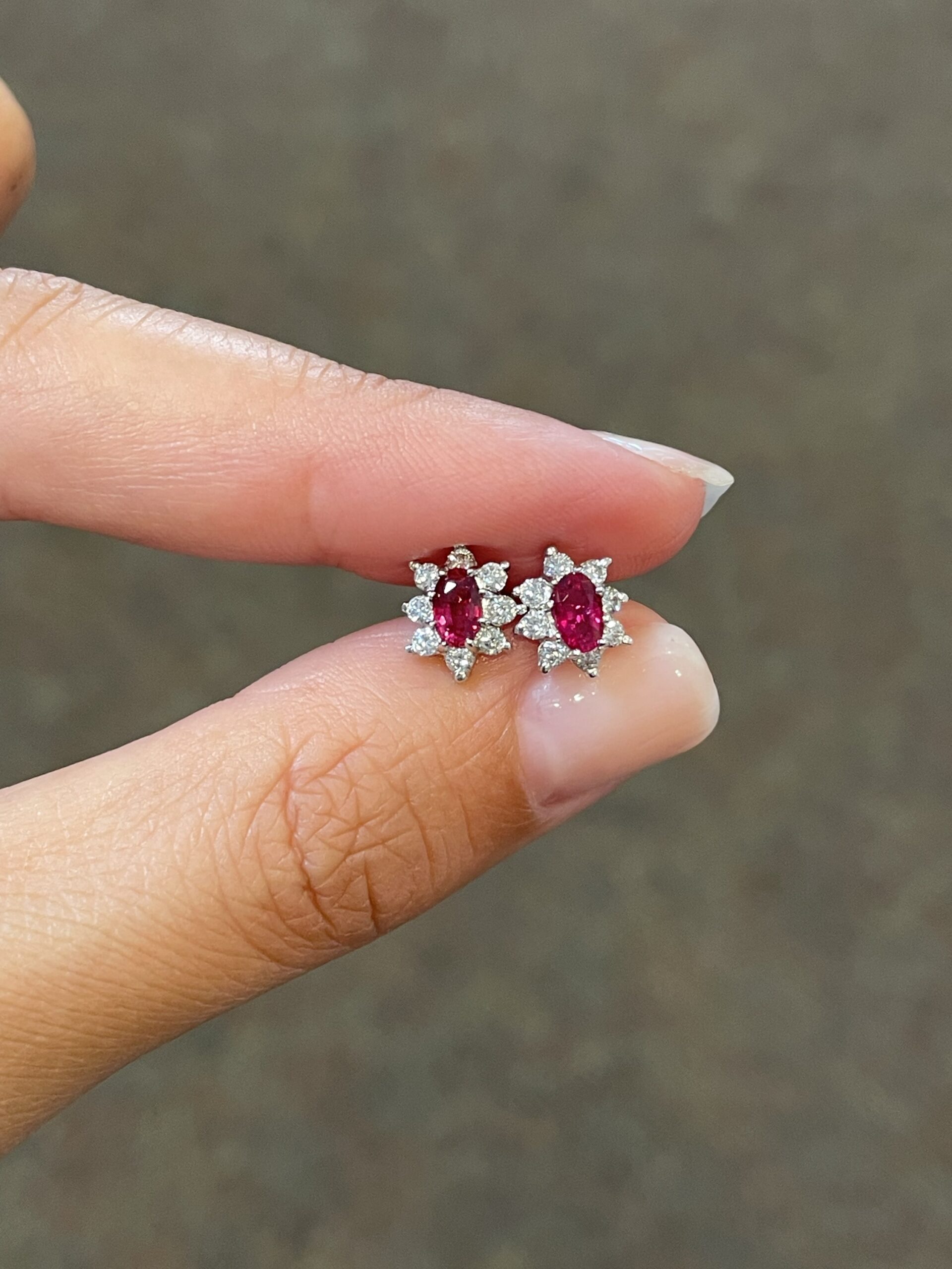 14k White Gold Genuine Oval Shaped Ruby & .32 Cttw Diamond Cluster Stud Earrings - Image 5