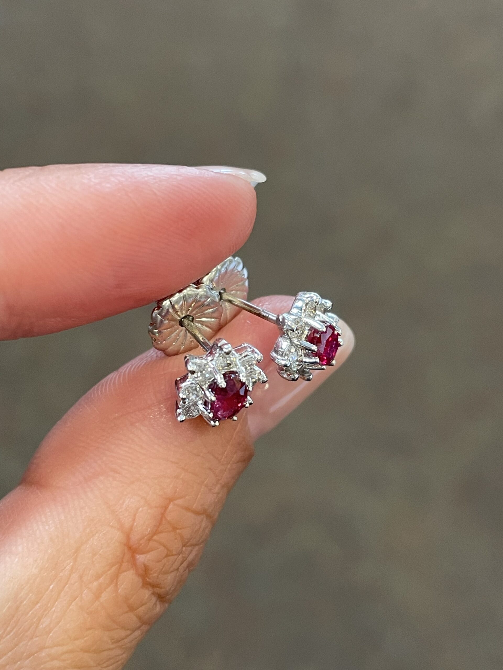 14k White Gold Genuine Oval Shaped Ruby & .32 Cttw Diamond Cluster Stud Earrings - Image 9