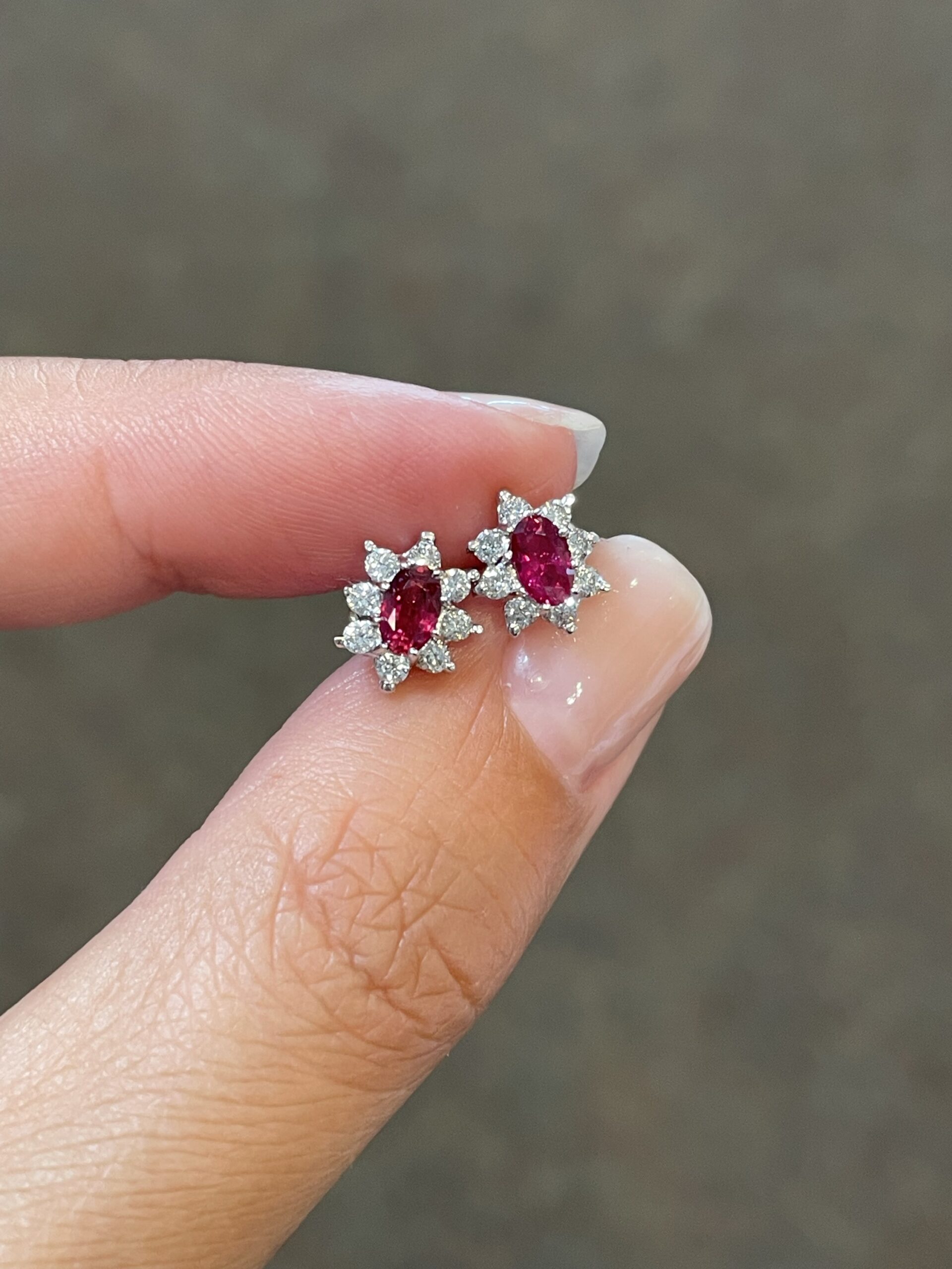 14k White Gold Genuine Oval Shaped Ruby & .32 Cttw Diamond Cluster Stud Earrings - Image 8