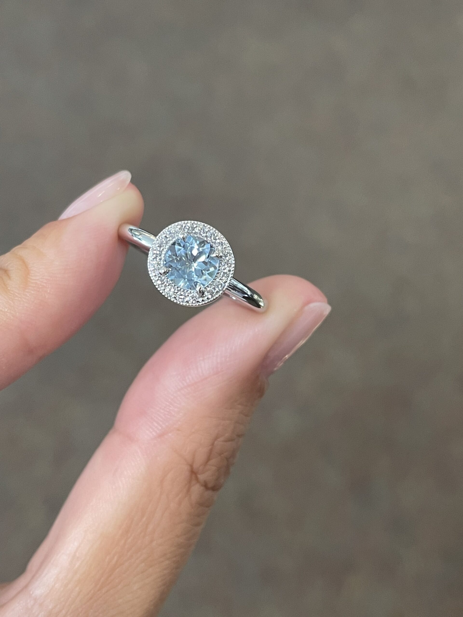 14k White Gold Genuine Round .75 Cttw Aquamarine & Diamond Halo Ring