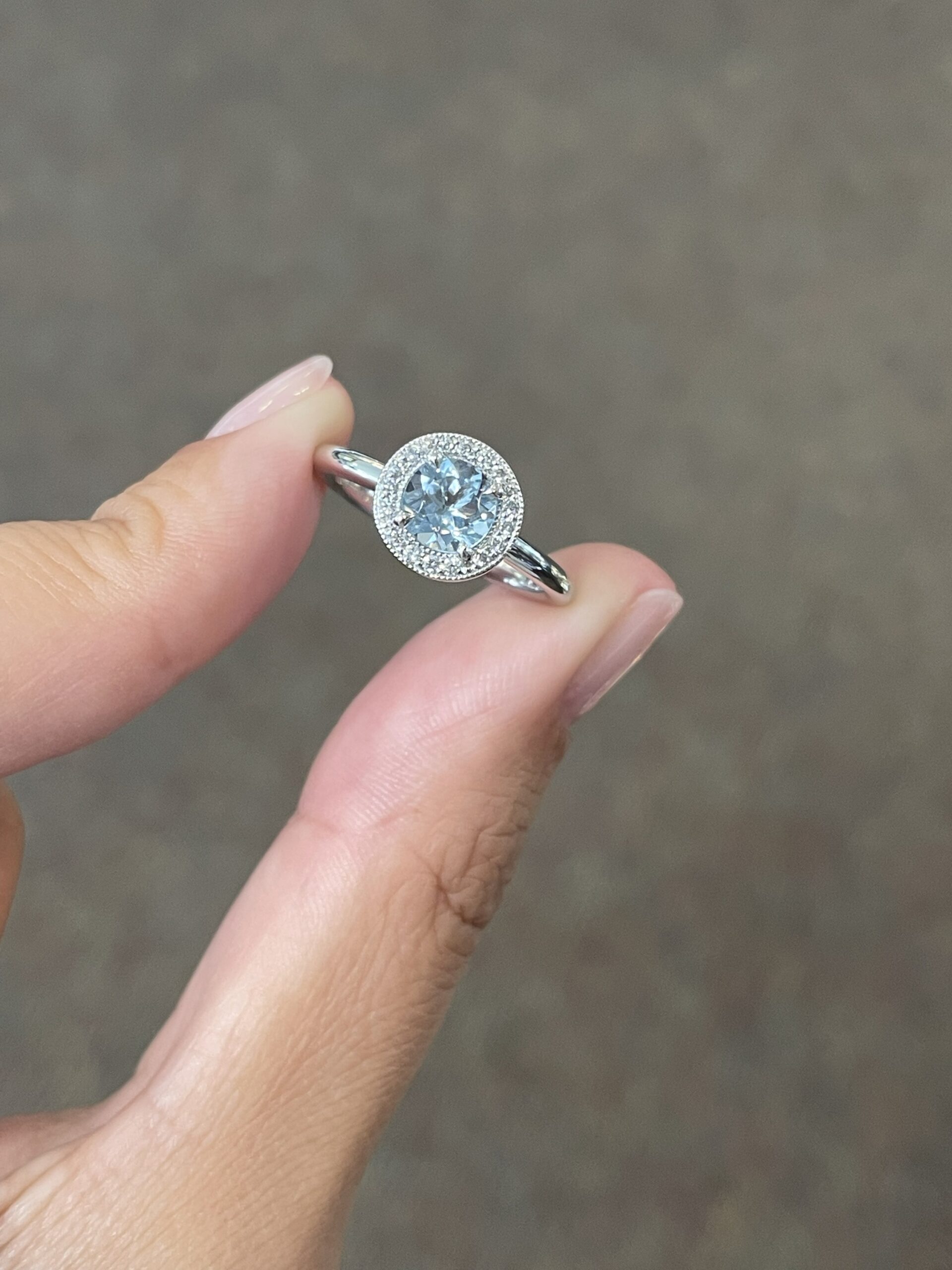 14k White Gold Genuine Round .75 Cttw Aquamarine & Diamond Halo Ring - Image 2