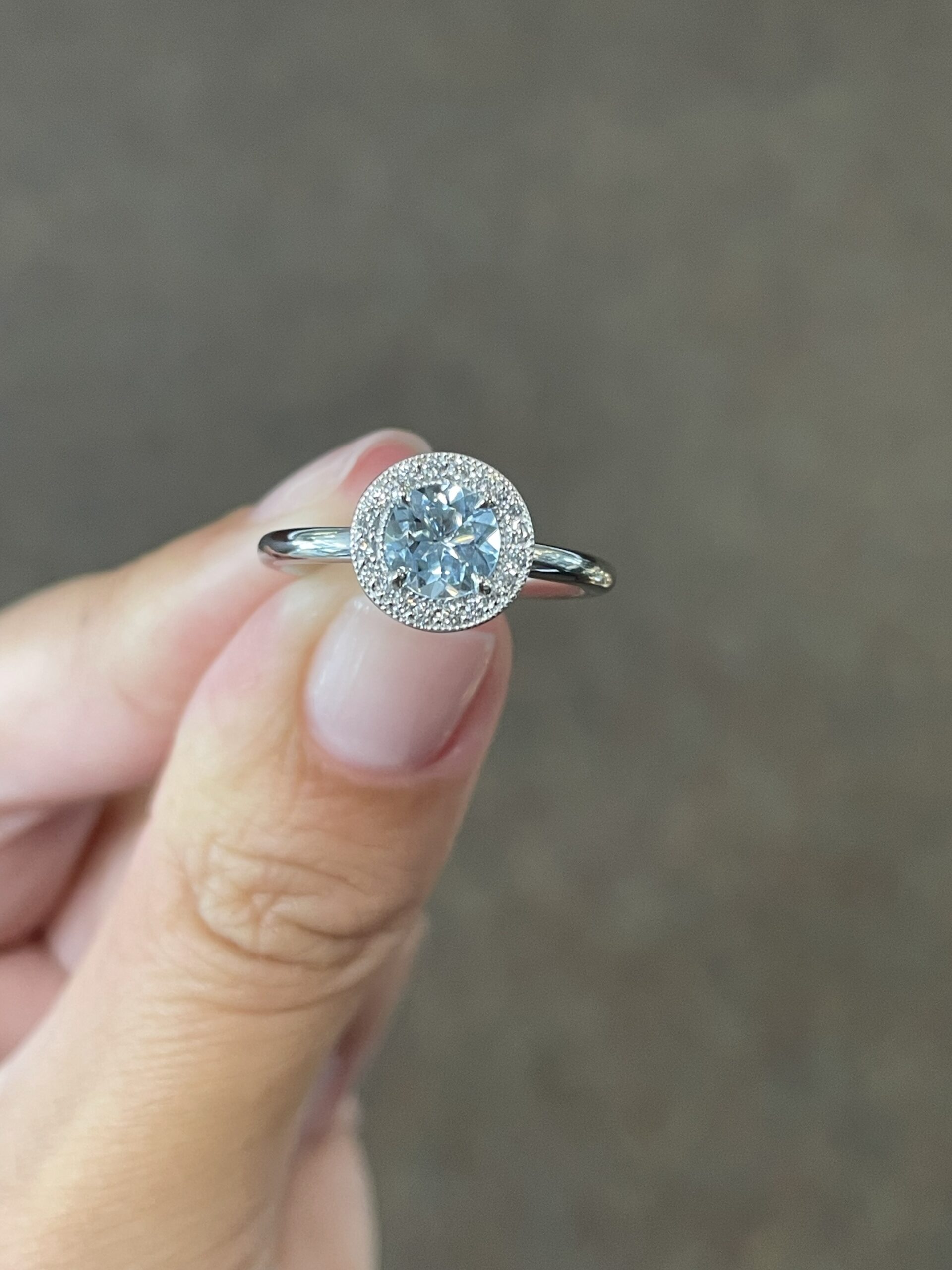 14k White Gold Genuine Round .75 Cttw Aquamarine & Diamond Halo Ring - Image 5