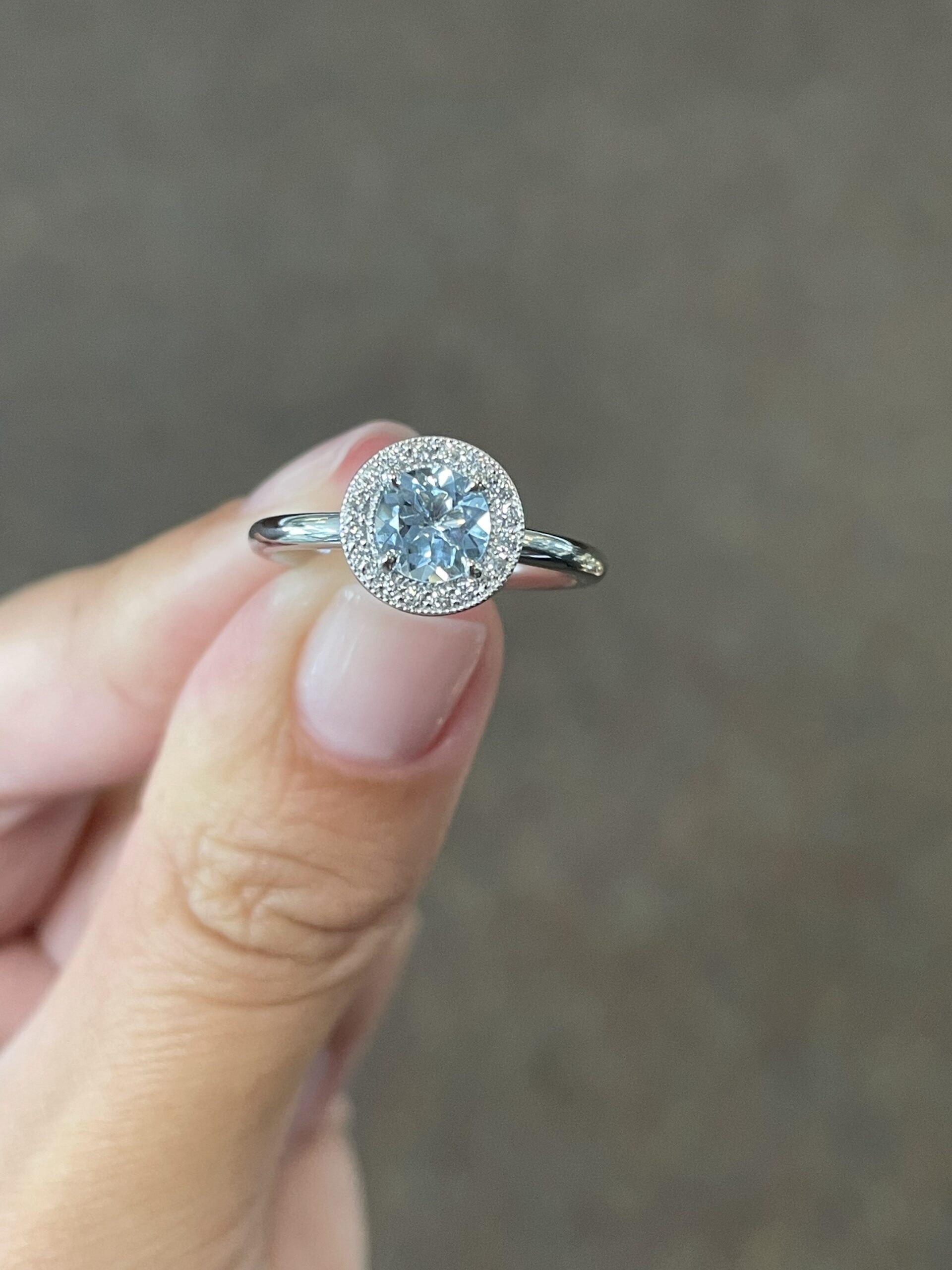 14k White Gold Genuine Round .75 Cttw Aquamarine & Diamond Halo Ring - Image 4