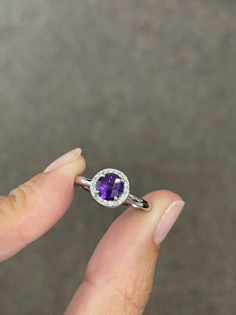 14k White Gold Genuine Round .78 Cttw Amethyst & Diamond Halo Ring