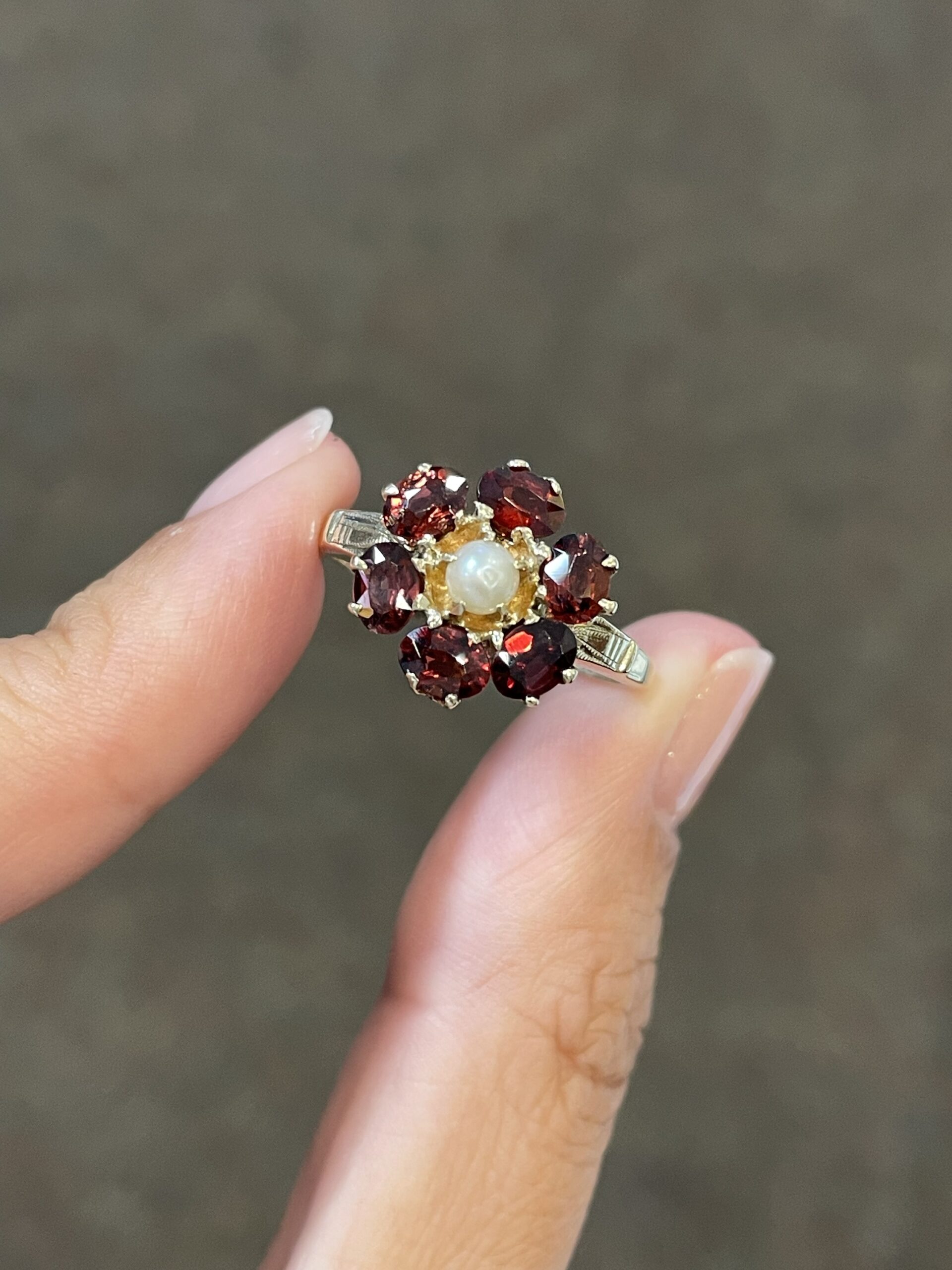 Antique genuine Garnet & 4 MM Cultured Pearl Flower Ring