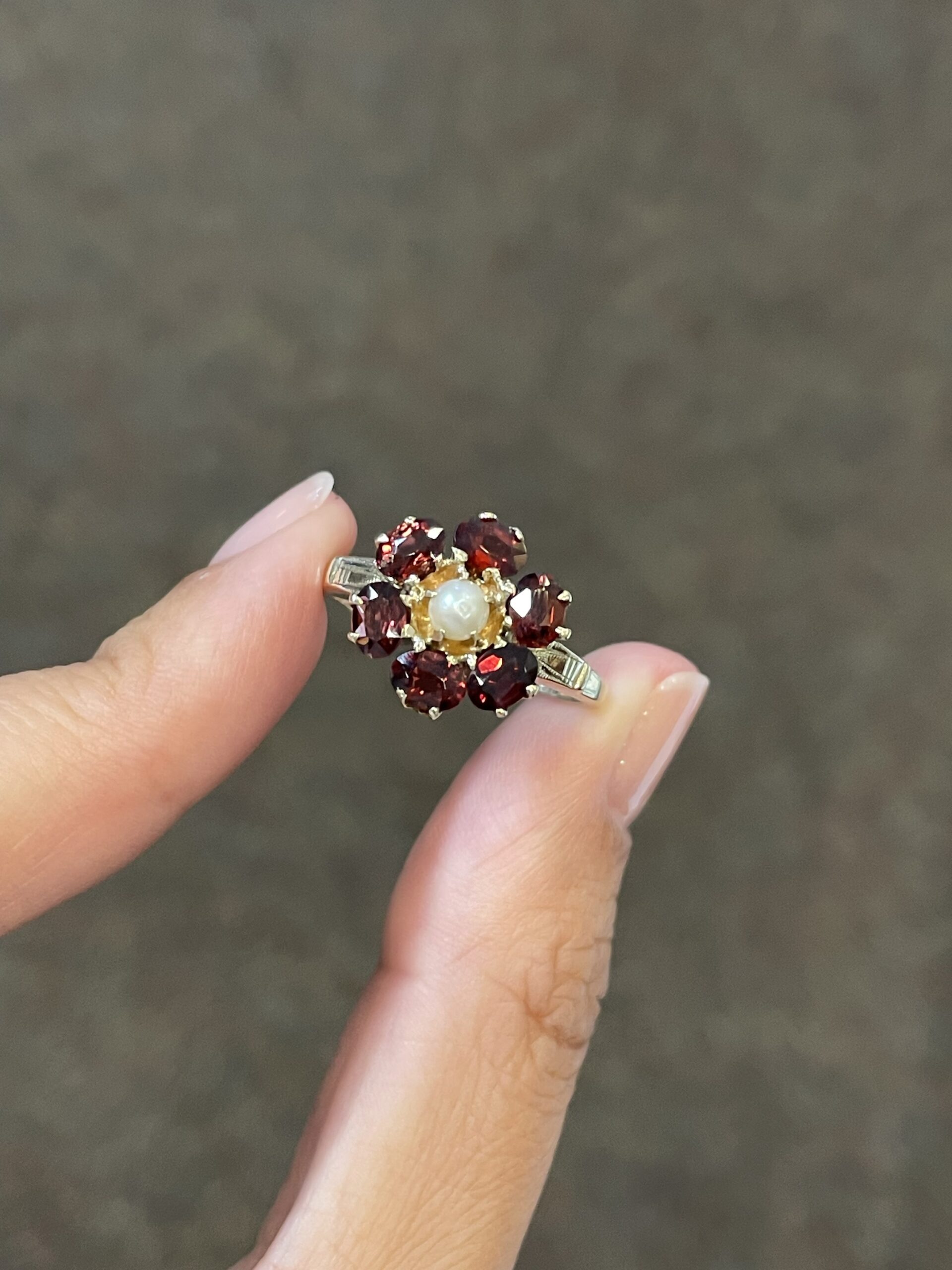 Antique genuine Garnet & 4 MM Cultured Pearl Flower Ring - Image 2
