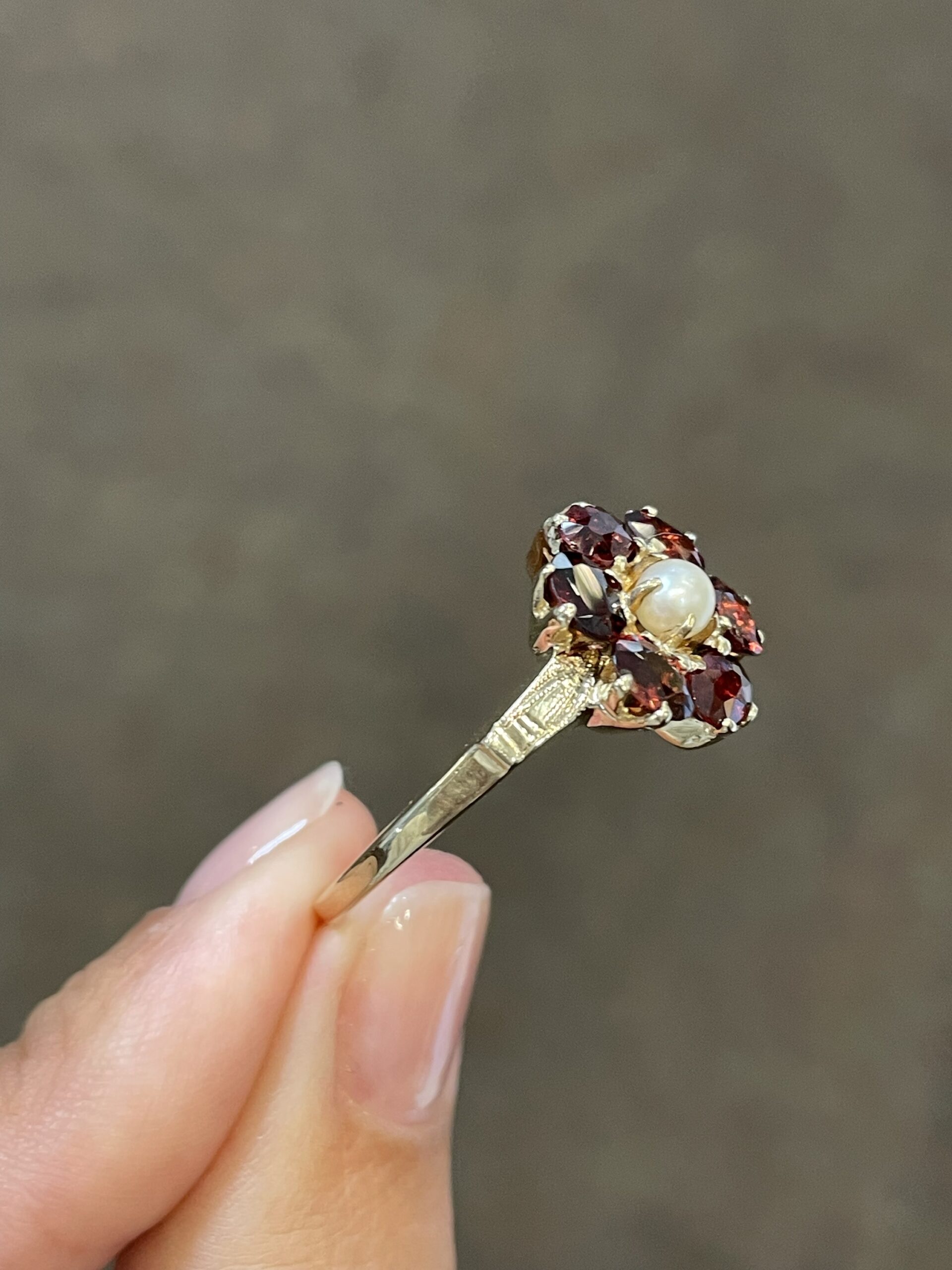 Antique genuine Garnet & 4 MM Cultured Pearl Flower Ring - Image 3