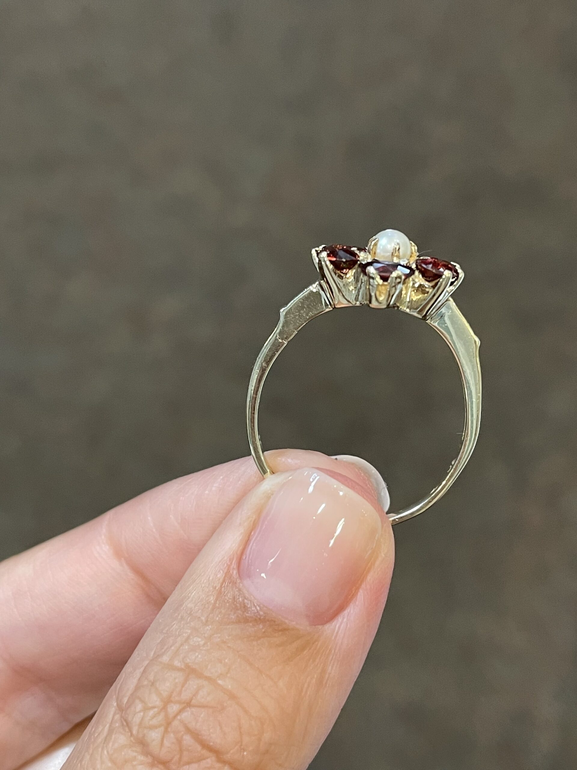 Antique genuine Garnet & 4 MM Cultured Pearl Flower Ring - Image 6