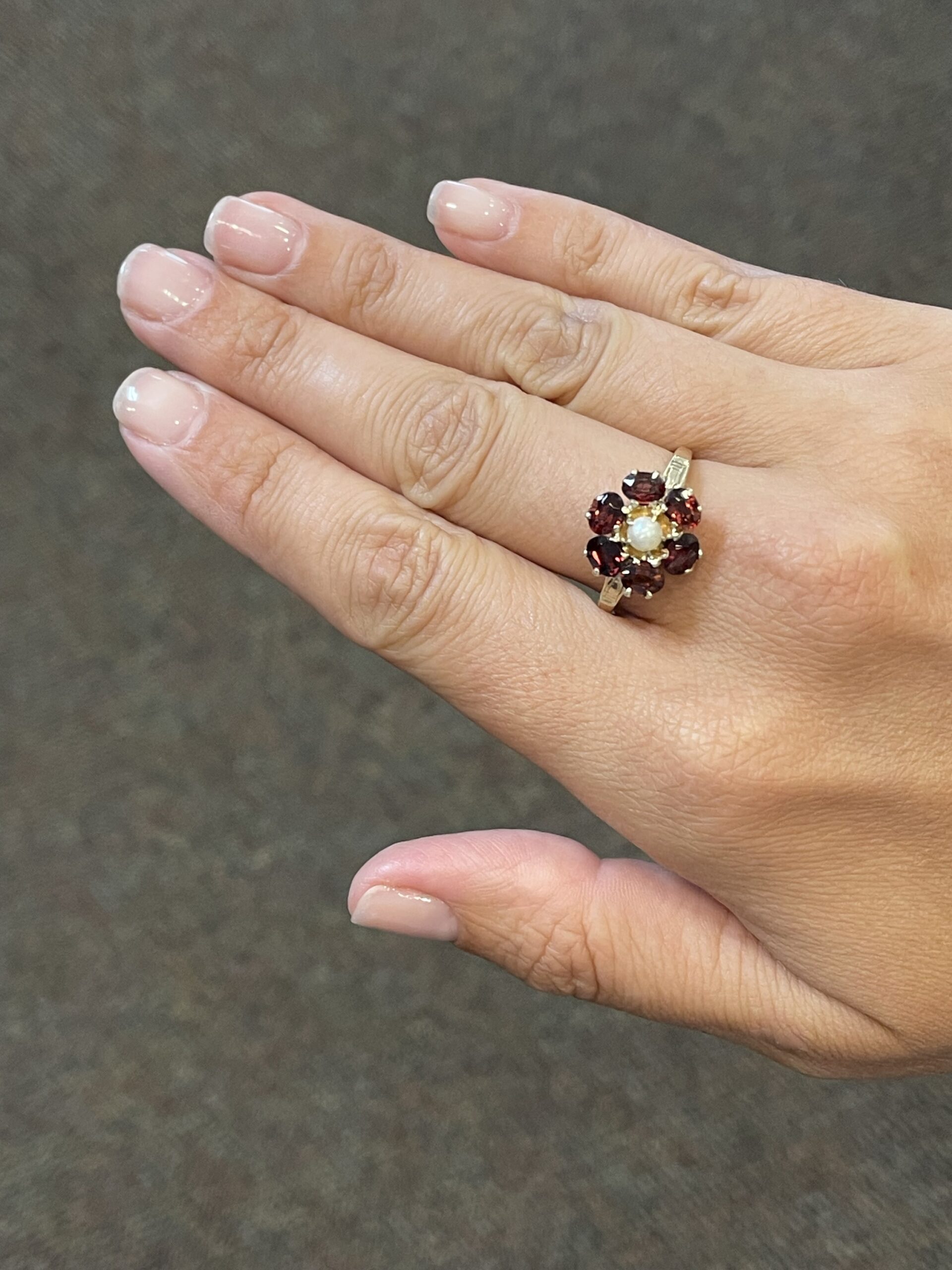 Antique genuine Garnet & 4 MM Cultured Pearl Flower Ring - Image 9