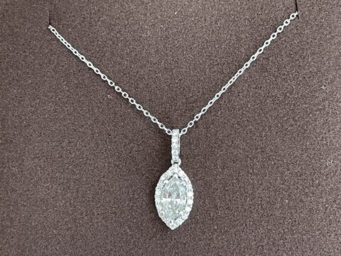 14k White Gold .63 Cttw Genuine Marquise Shaped Diamond Halo Pendant