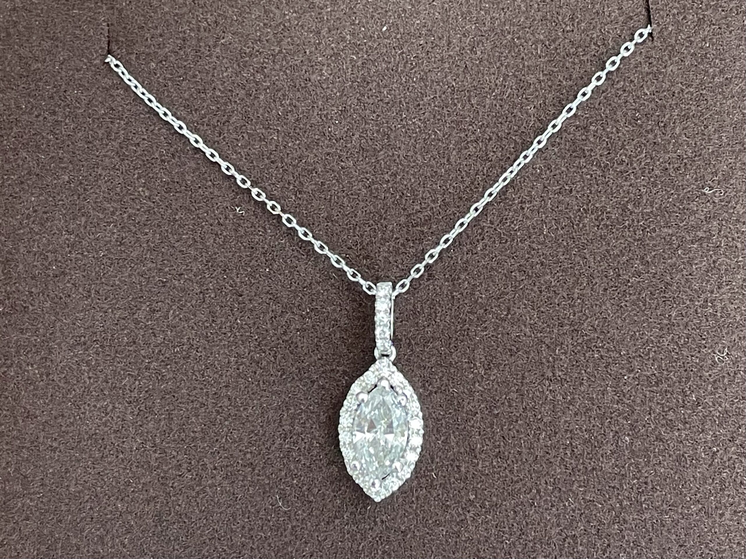 14k White Gold .63 Cttw Genuine Marquise Shaped Diamond Halo Pendant