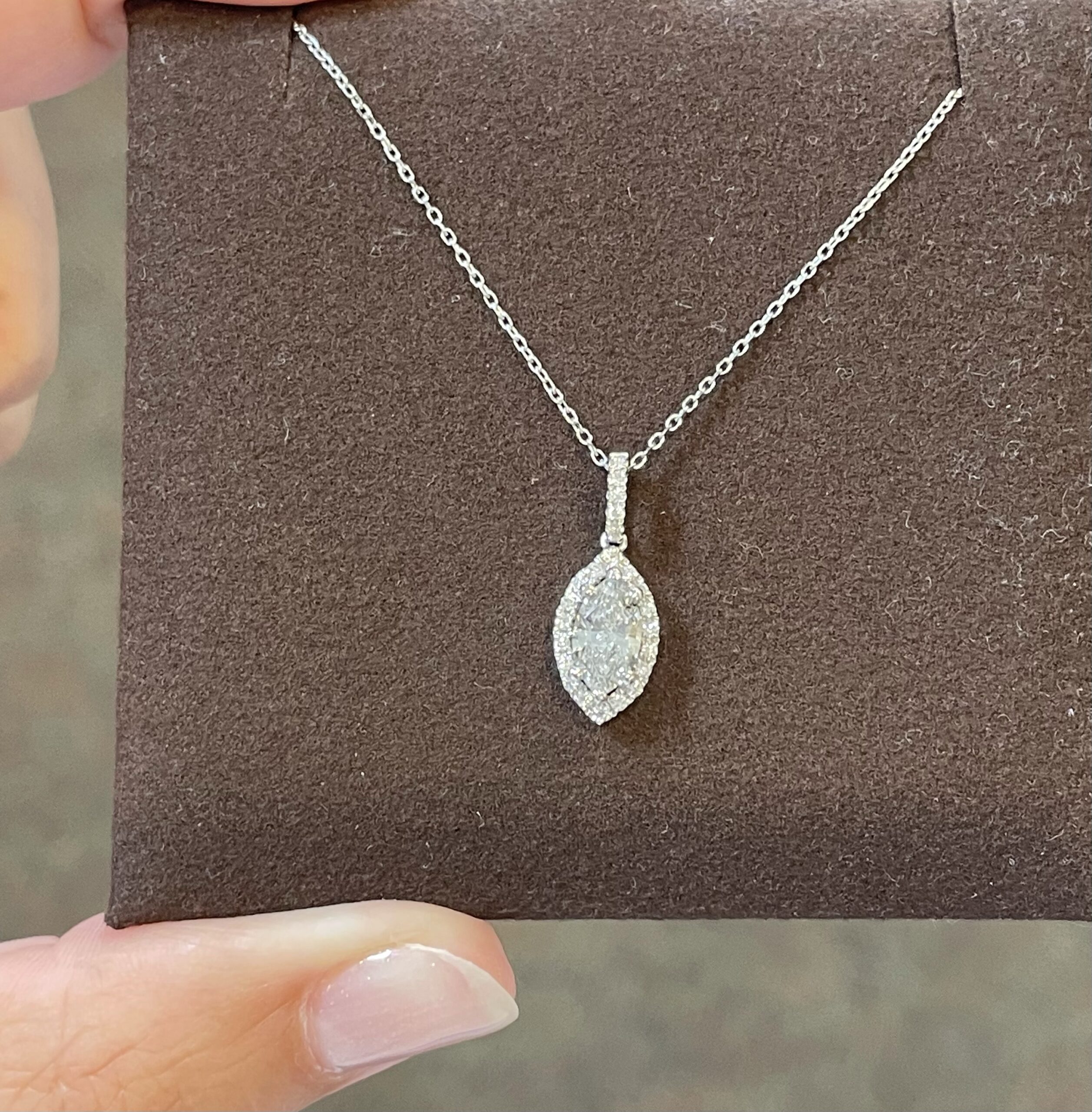 14k White Gold .63 Cttw Genuine Marquise Shaped Diamond Halo Pendant - Image 5