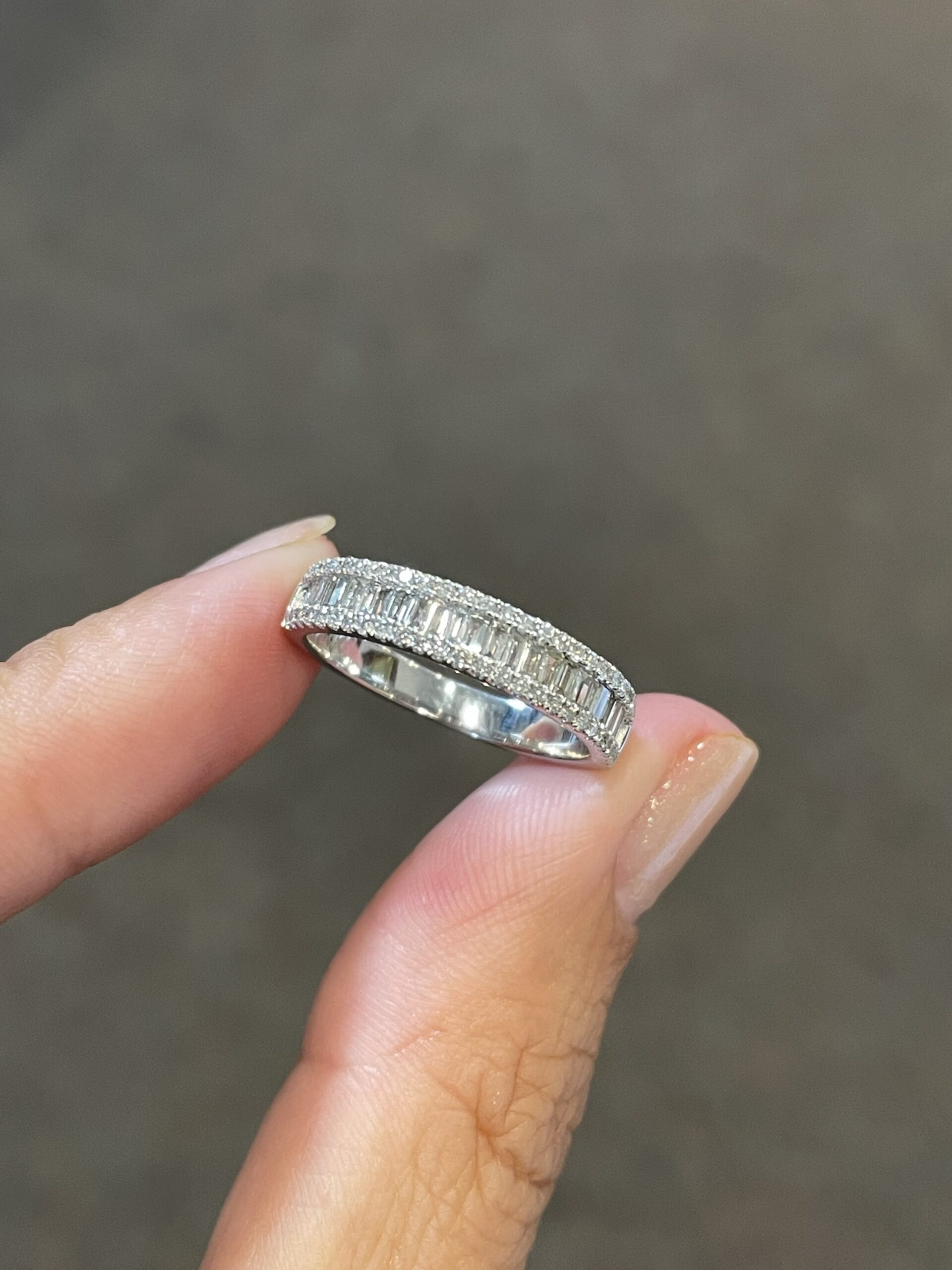 18k White Gold .60 Cttw Genuine Round Brilliant Cut Diamond & Diamond Baguette Band