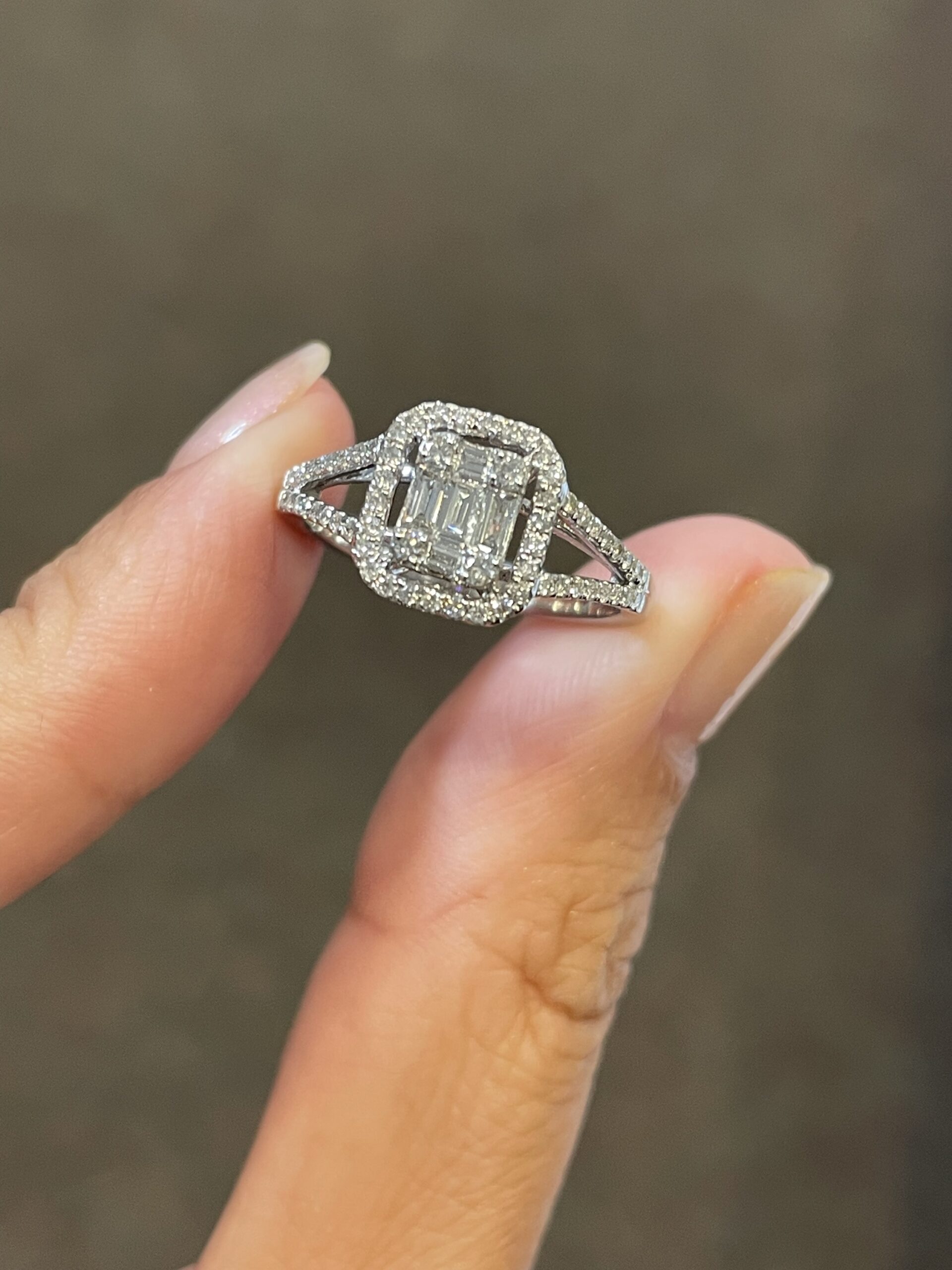 18k White Gold .45 Cttw Round Brilliant Cut Diamond & Diamond Baguette Cluster Ring