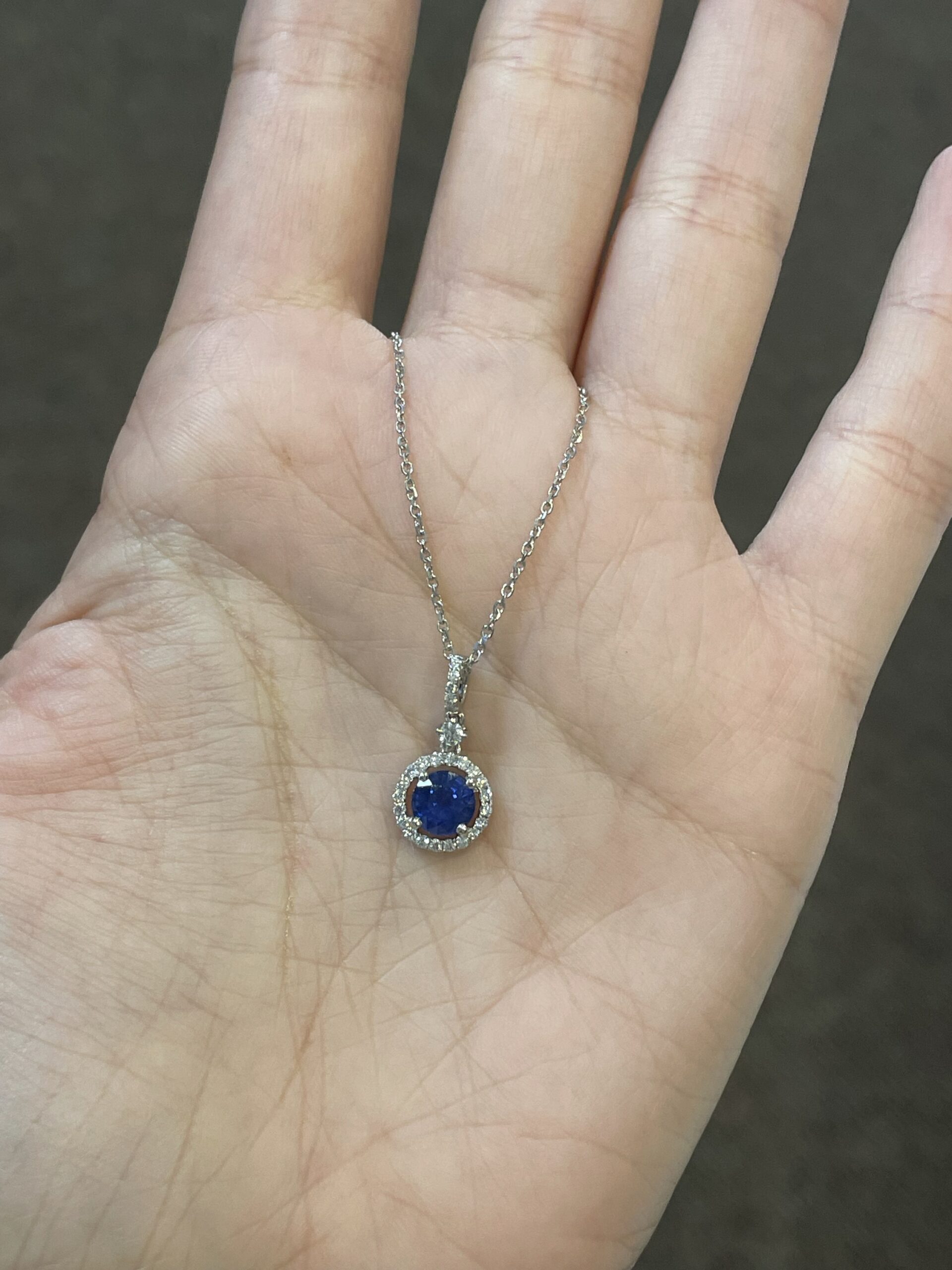 14k White Gold Genuine 1.06 Carat Ceylon Sapphire & Diamond Halo Pendant - Image 9