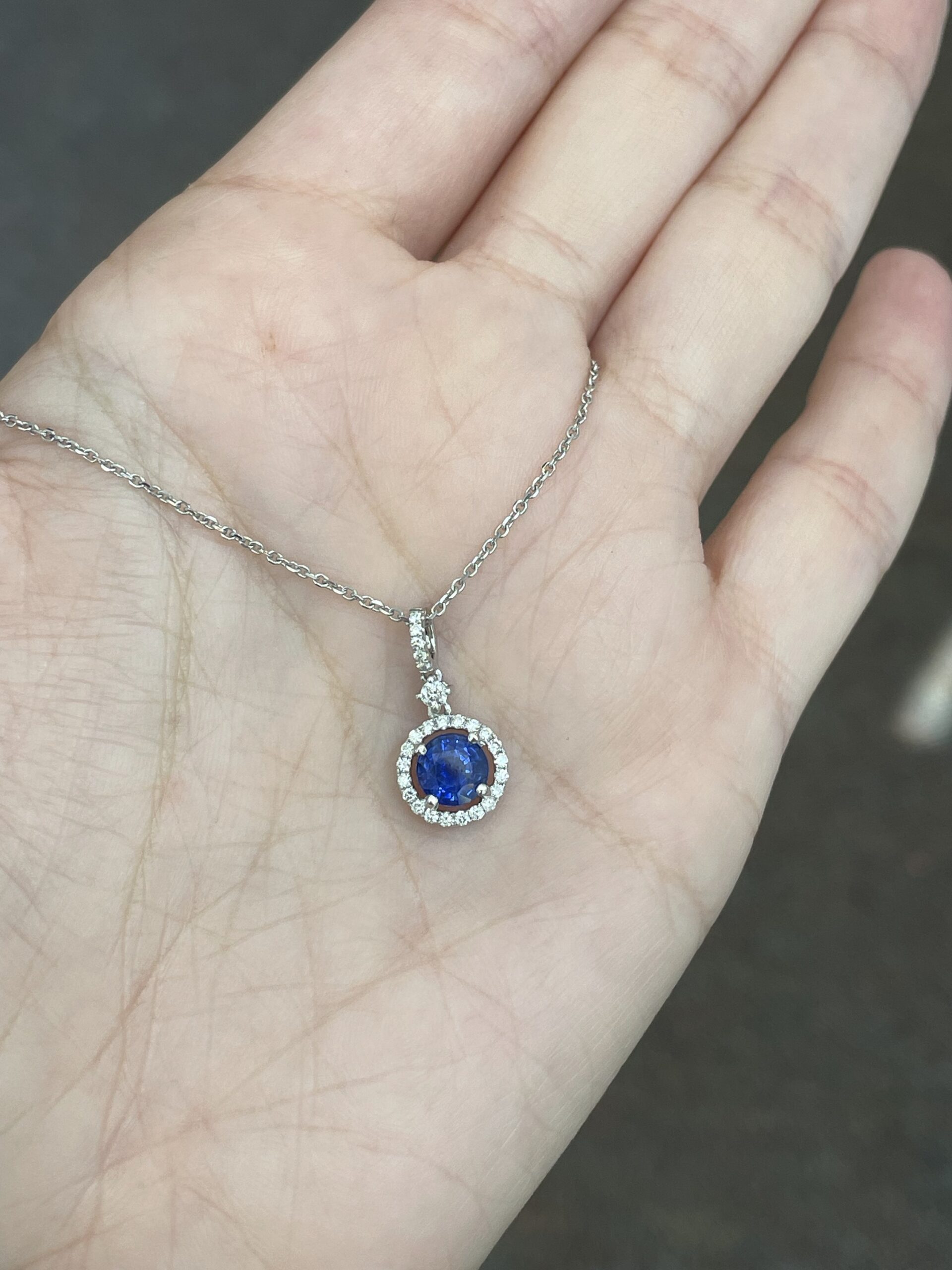 14k White Gold Genuine 1.06 Carat Ceylon Sapphire & Diamond Halo Pendant - Image 7